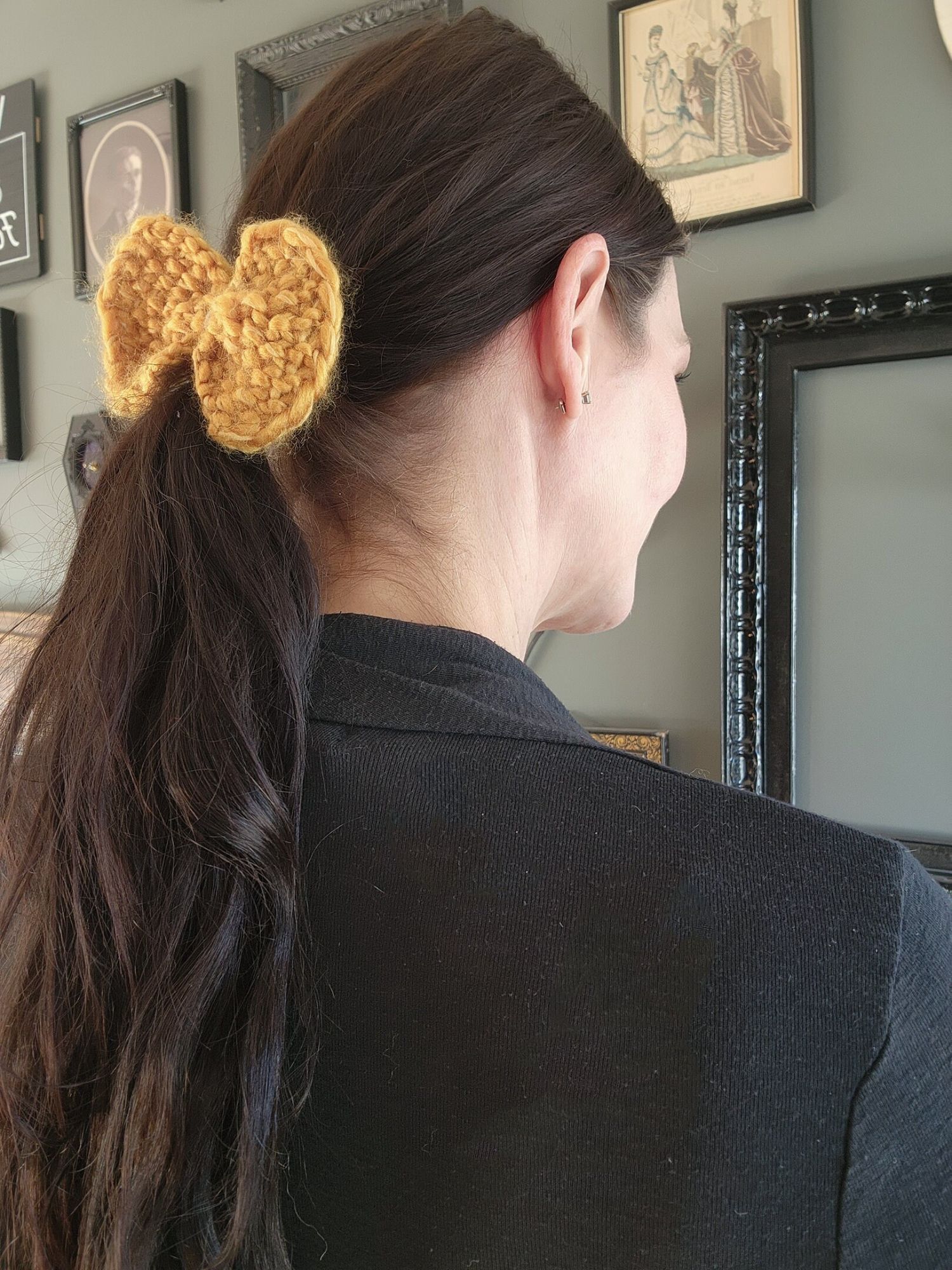 Handmade Knit Hair Bow, Handknitted Golden Yellow Ponytail Holder or Size ONE SIZE - 3 Thumbnail