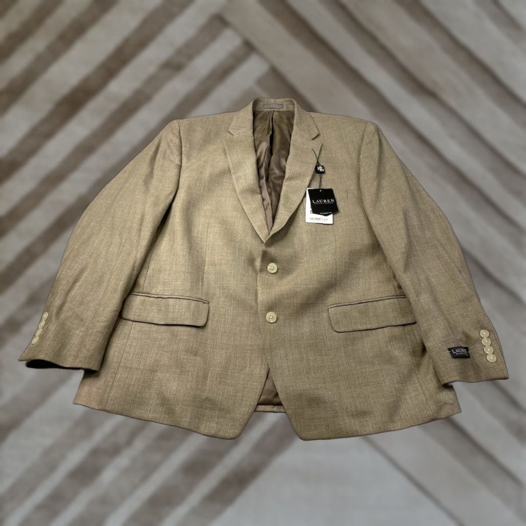 Ralph Lauren Lauren Ralph Lauren Blazer Men 46R Tan Linen Polyester Rayon Blend Plaid Two-Button Single-Breasted Notch Lapel Jacket Size 46R - 1 Thumbnail