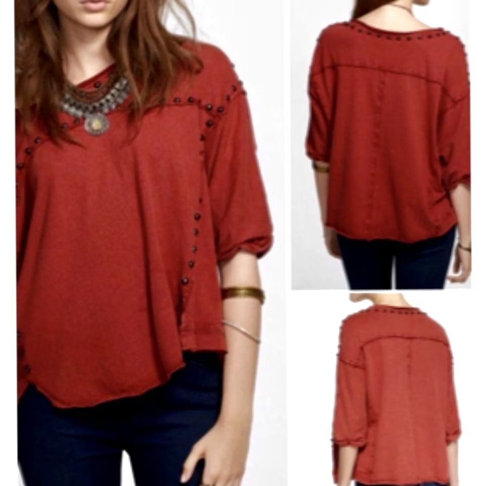 Free People VINTAGE Free People Red Studded Oversized Short Sleeve Cropped Boho Sweatshirt Size S Womens Size S / US 4 / IT 40 - 2 Thumbnail