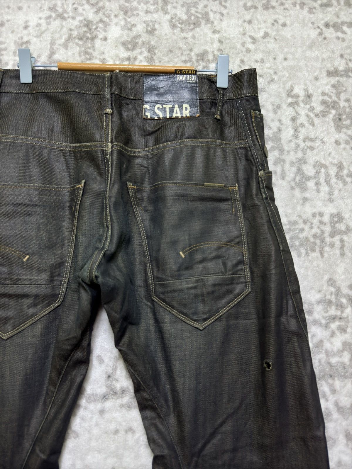 G-Star Vintage G-Star RAW 3301 Waxed Coated Distressed Denim Jeans Size US 31 - 10 Thumbnail