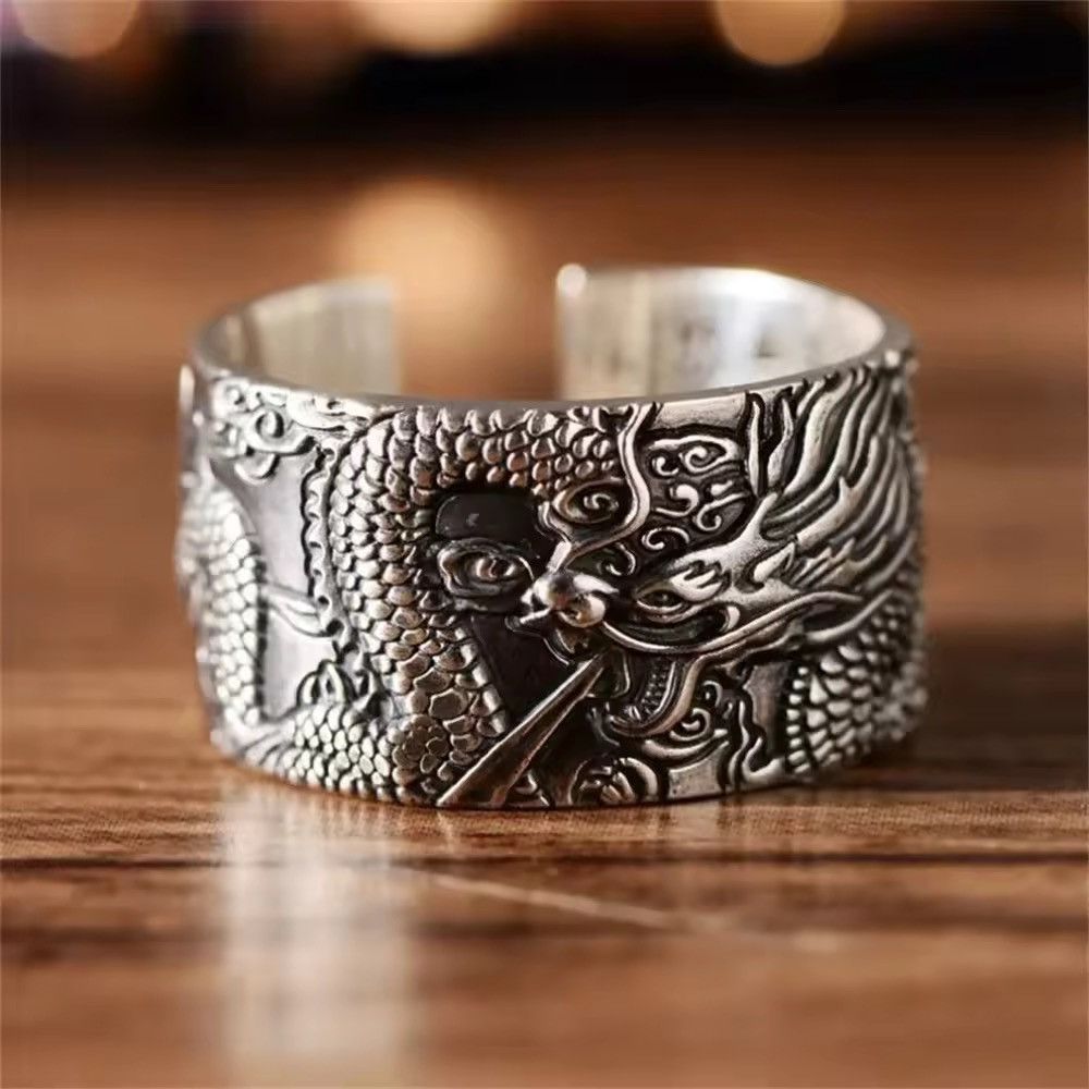 Jewelry Dragon Engraved Adjustable Ring in Silver, Men's