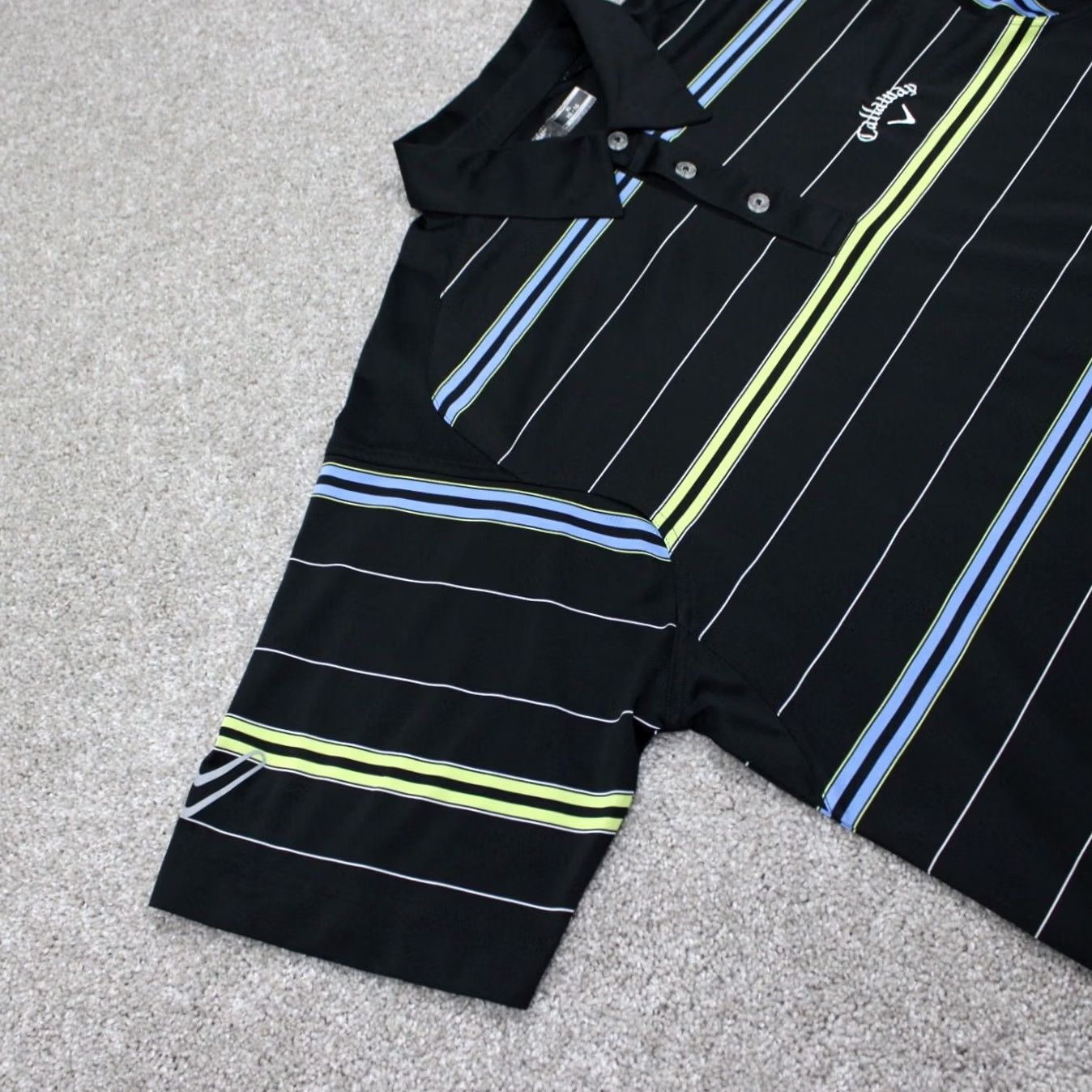 Callaway Callaway Polo Shirt Mens XL Black w/ Yellow/Blue Stripes Short Sleeve Polo Golf Logo Striped Breathable 100% Polyester Regular Fit Size US XL / EU 56 / 4 - 6 Thumbnail