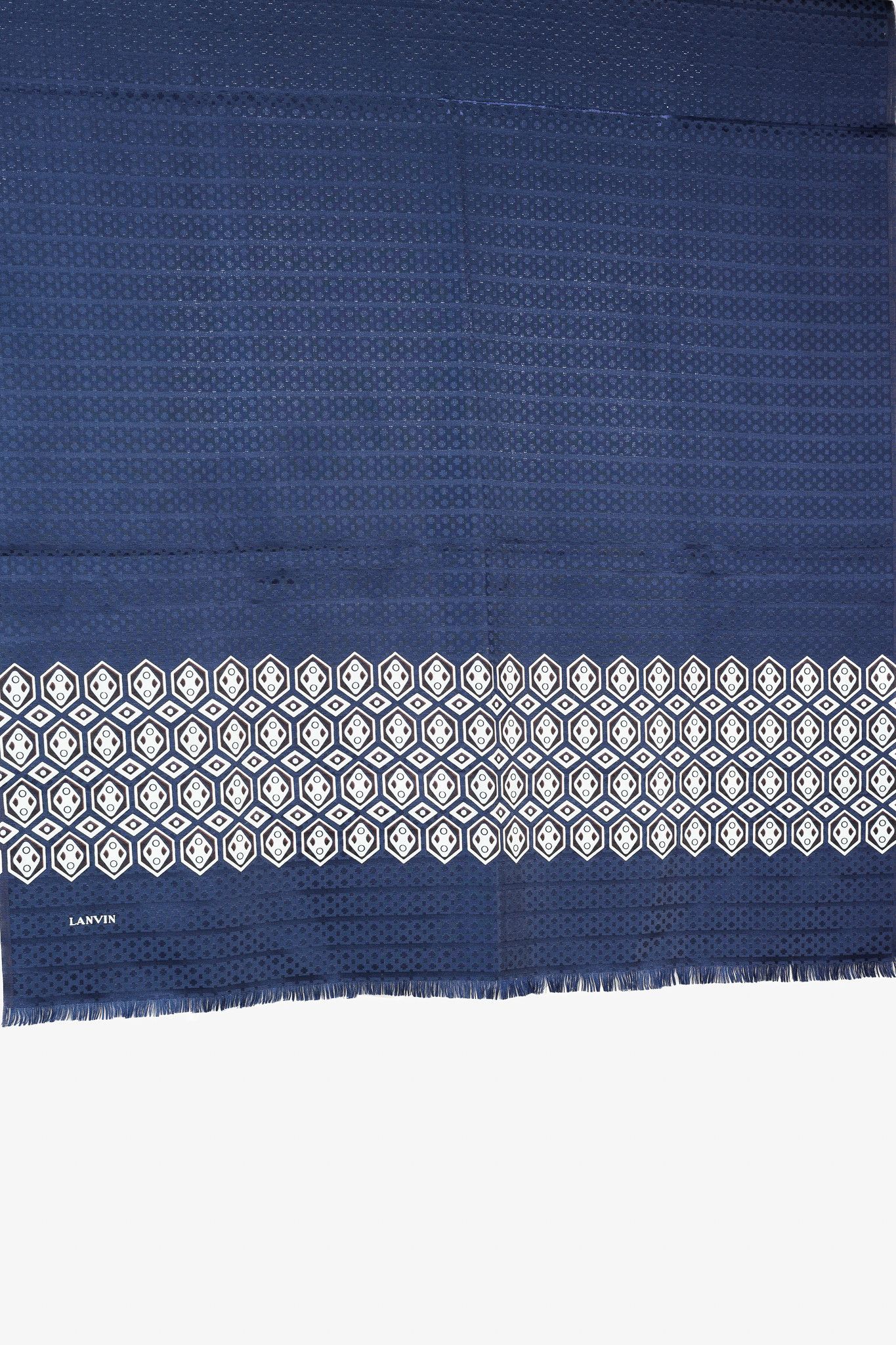 Lanvin Lanvin Navy Geometric Print Fringe Silk Vintage Scarf Size ONE SIZE - 3 Thumbnail