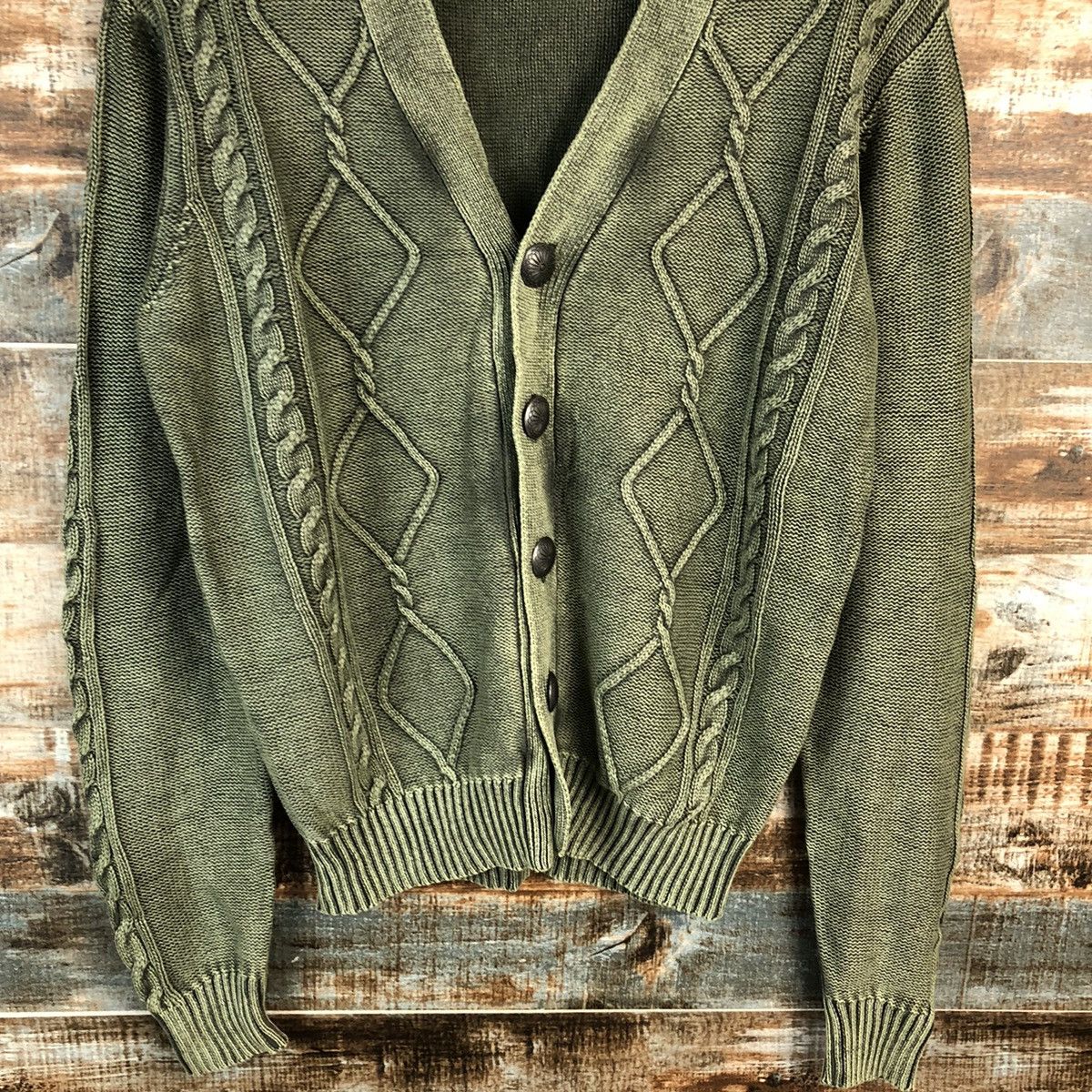 Vintage DL In Crew Sive Green faded Cardigan Knitwear #C494 Size US L / EU 52-54 / 3 - 6 Thumbnail