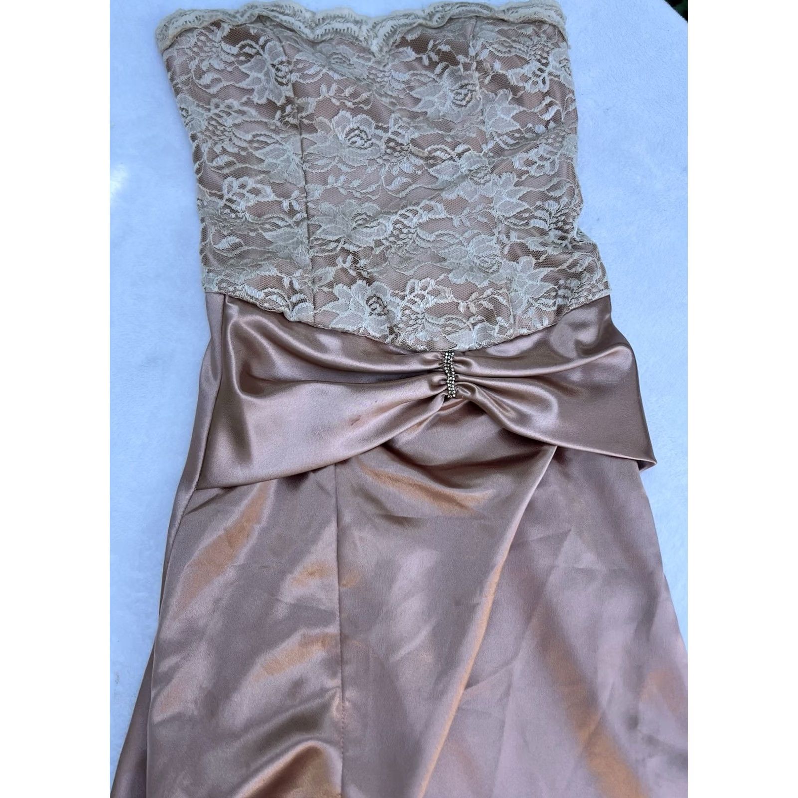 Vintage VINTAGE Dress Lace Satin Bustier Strapless Dusty Rose Pleated Beaded Rhinestone Square Neck Long A-Line Ball Gown 90s Women XS/S Ladies Size S / US 4 / IT 40 - 3 Thumbnail