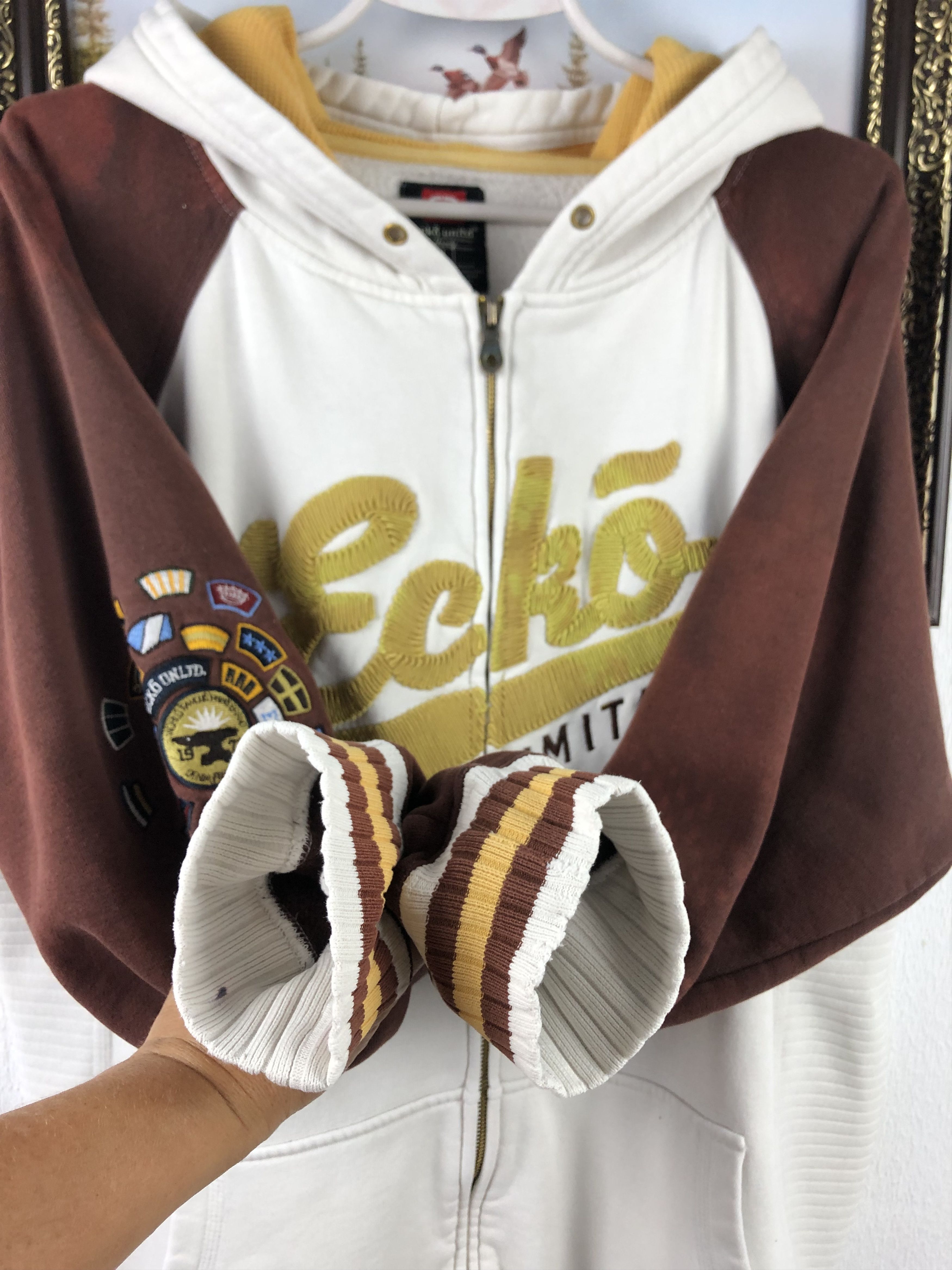 Ecko Unltd. × Vintage Vintage Ecko Unlimited Unltd Zipper Hoodie White Gray Gold Size US L / EU 52-54 / 3 - 9 Thumbnail