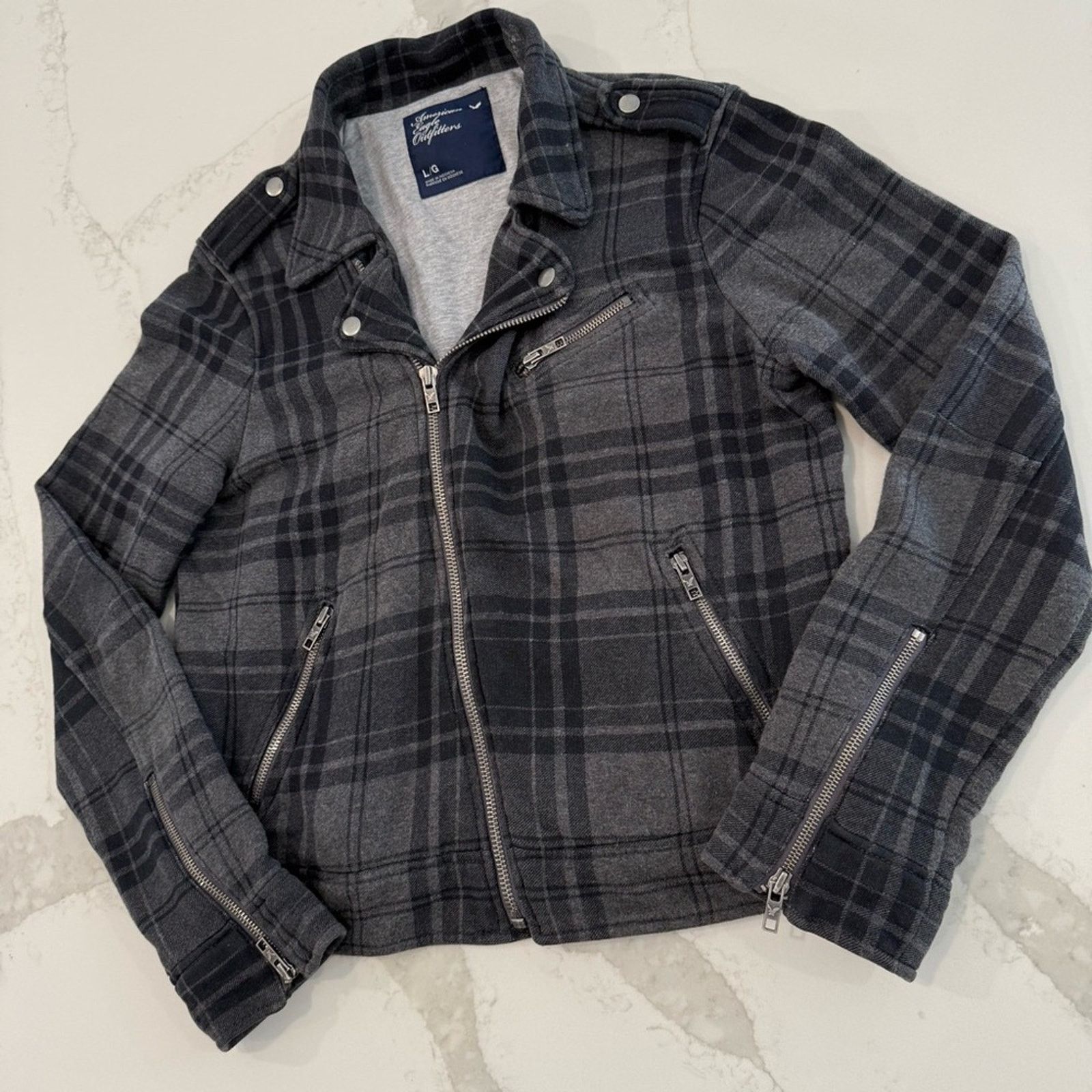 American Eagle Outfitters Y2K American Eagle Asymmetrical Plaid Moto Jacket Women’s L Size L / US 10 / IT 46 - 2 Thumbnail