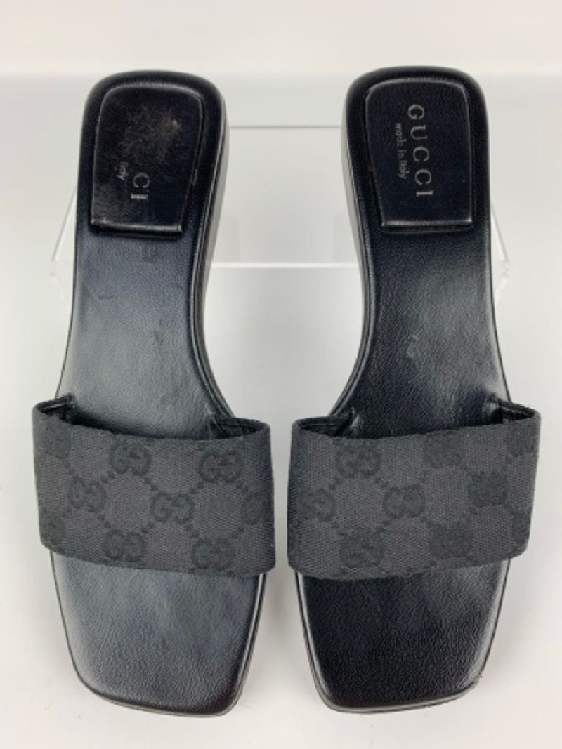 image of Gucci Black Leather With Monogrammed Fabric Slip On Sandals, Women's (Size 8.5)