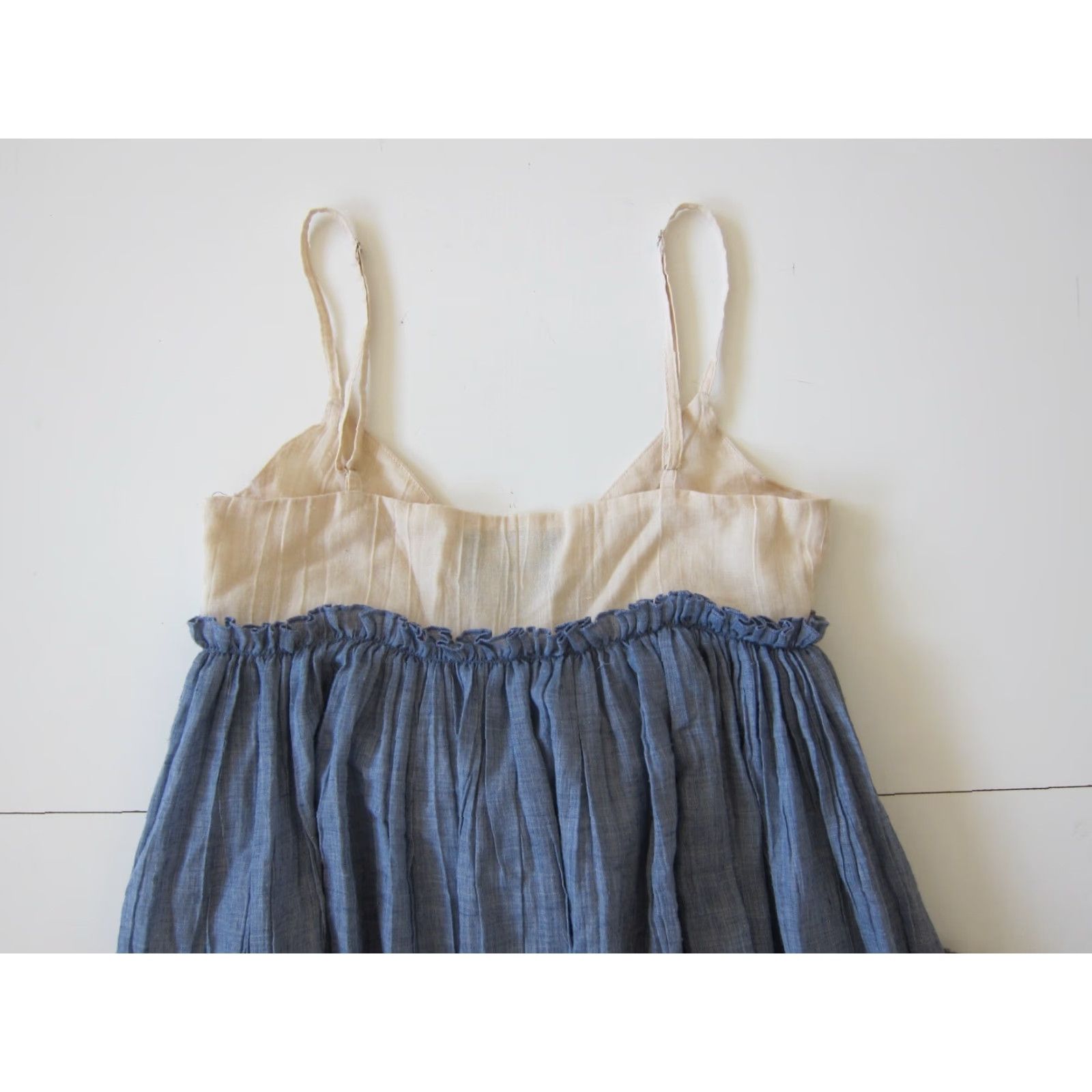 Vintage Ark & Co. Blue Ivory 100% Cotton Spaghetti Strap V-Neck Ruffle Sun Dress Small Womens Size S / US 4 / IT 40 - 5 Thumbnail