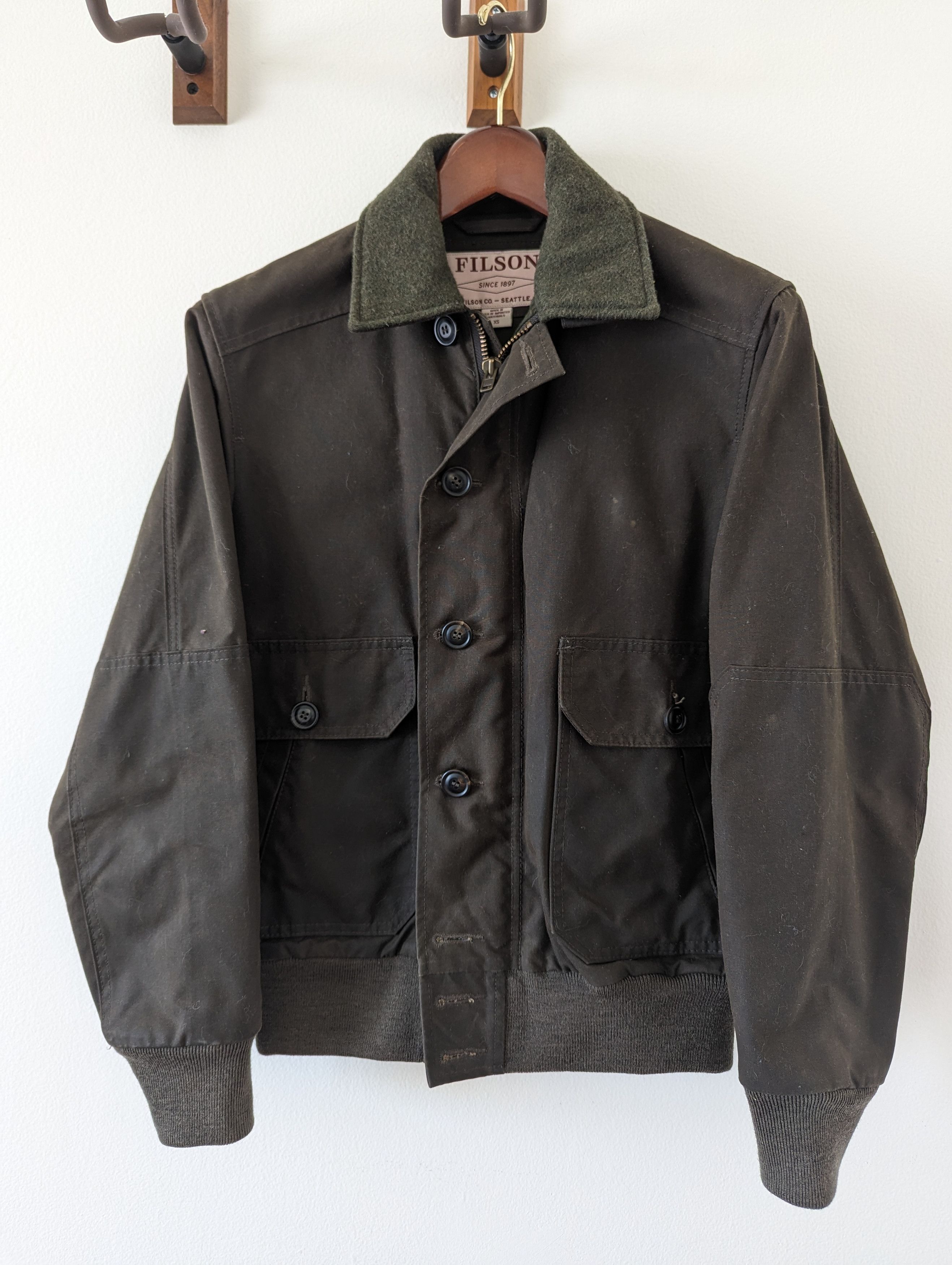 image of Filson Waxed Canvas Bomber Jacket in Olive, Men's (Size XS)