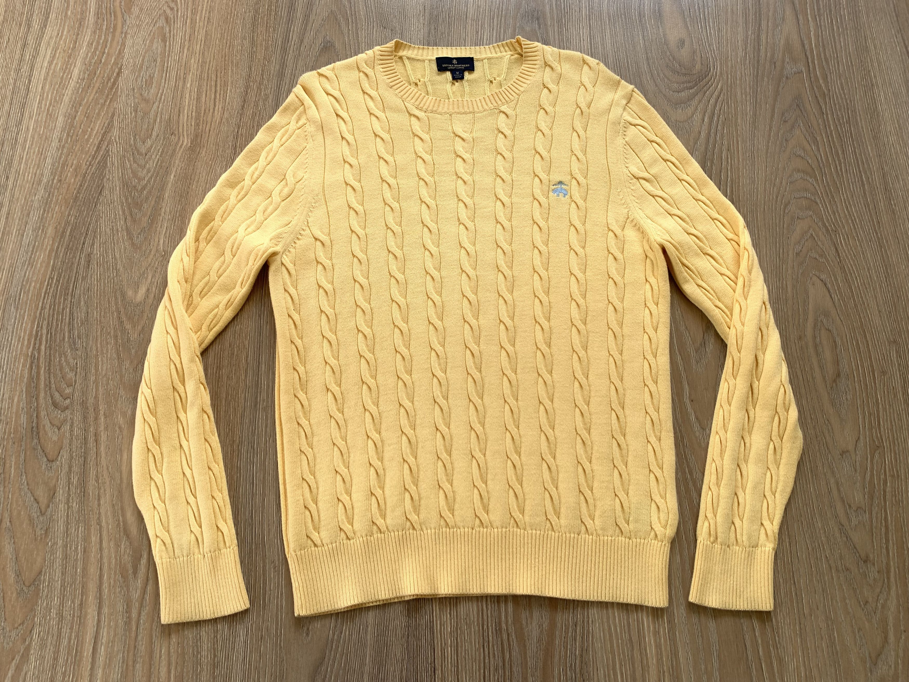 Brooks Brothers Brooks Brothers Cable-Knit Crew Neck Yellow Cotton Sweater Size US M / EU 48-50 / 2 - 2 Thumbnail