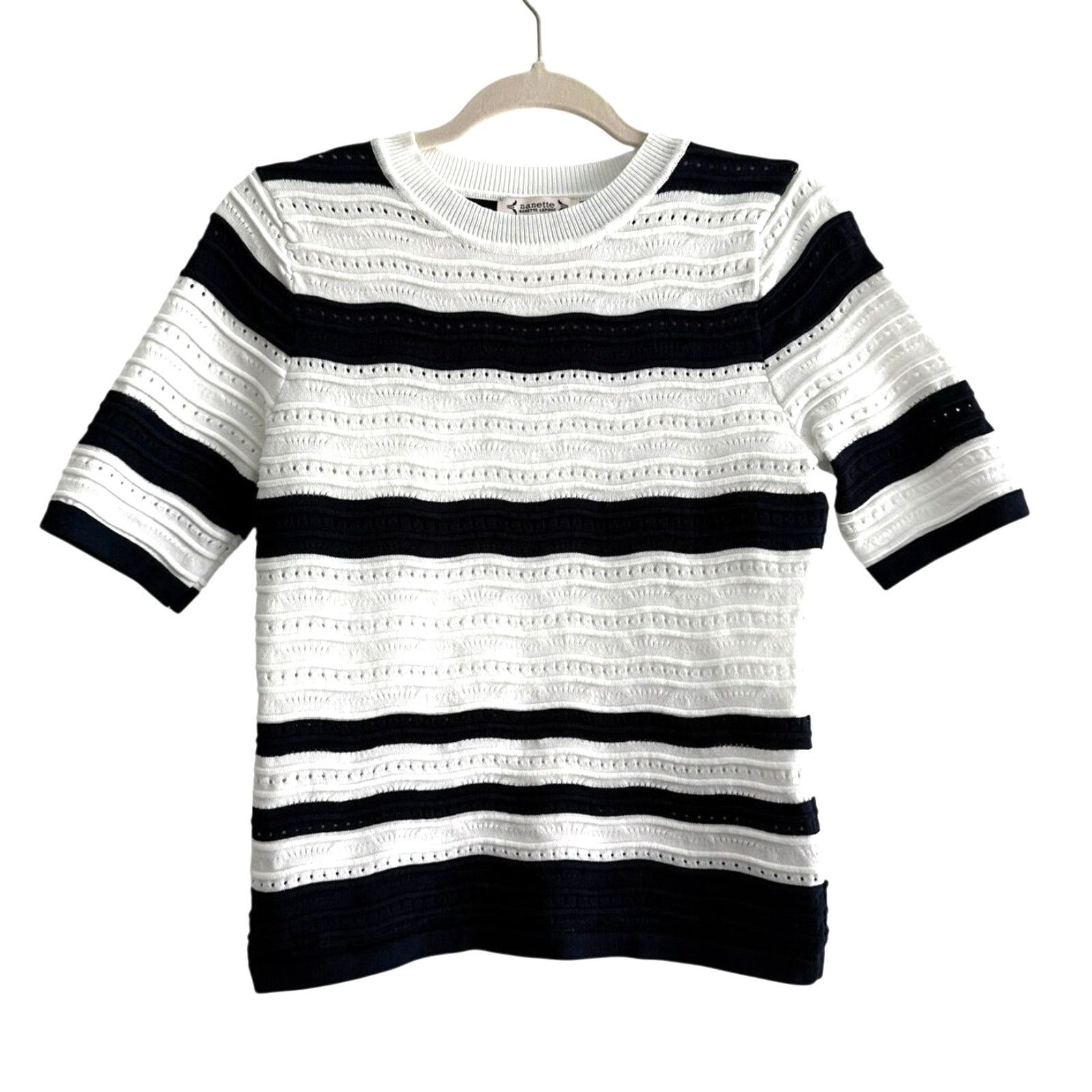 Nanette Lepore Nanette Lepore Striped Textured Knit Top XS, Navy and White Size XS / US 0-2 / IT 36-38 - 1 Thumbnail