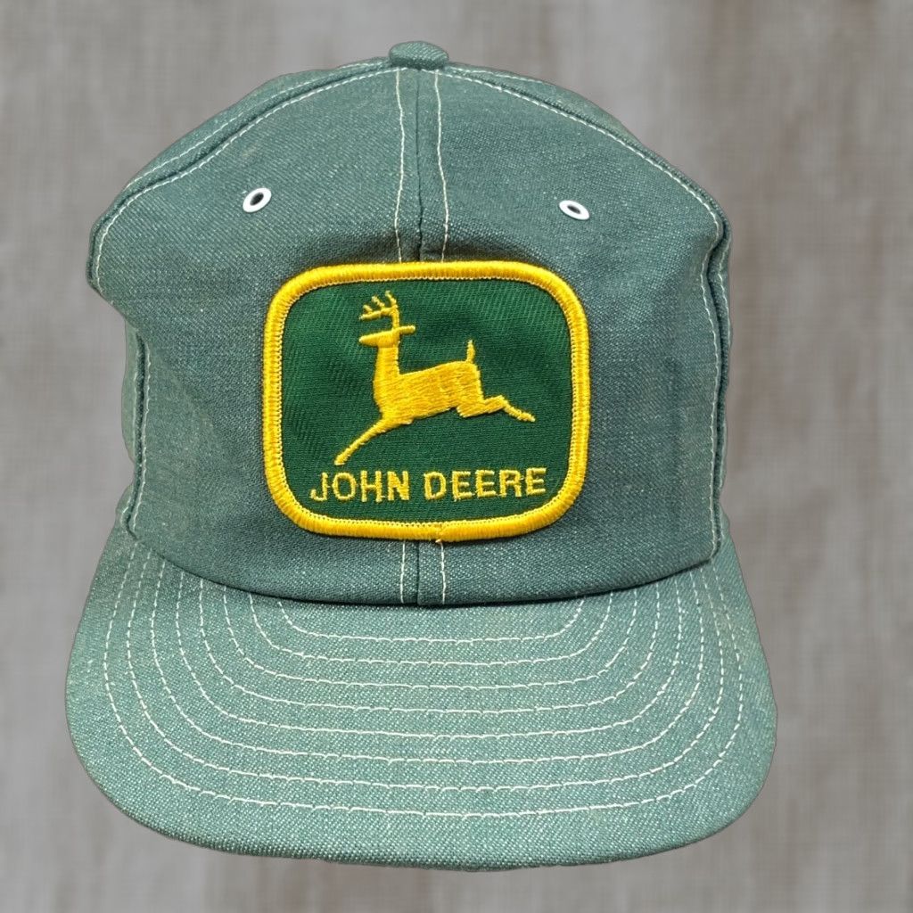 Denime VINTAGE Louisville Mfg John Deere Trucker Hat Cap Green Denim 80s Made USA RARE Size ONE SIZE - 1 Thumbnail