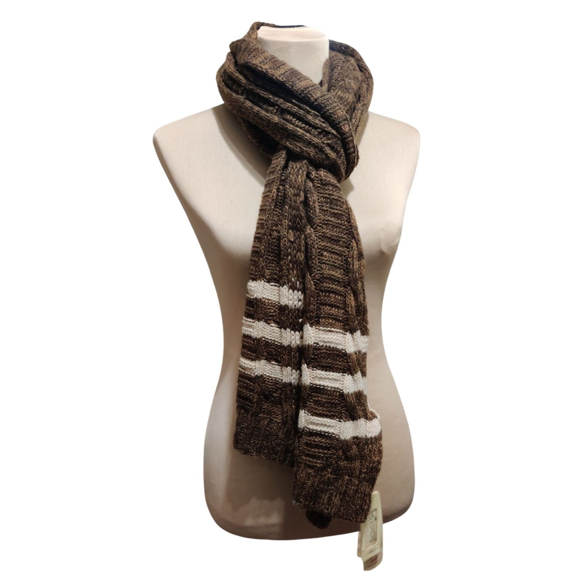 Other Brown Cable Knit Wool Cashmere Blend Scarf Cream Stripe New Size ONE SIZE - 3 Thumbnail