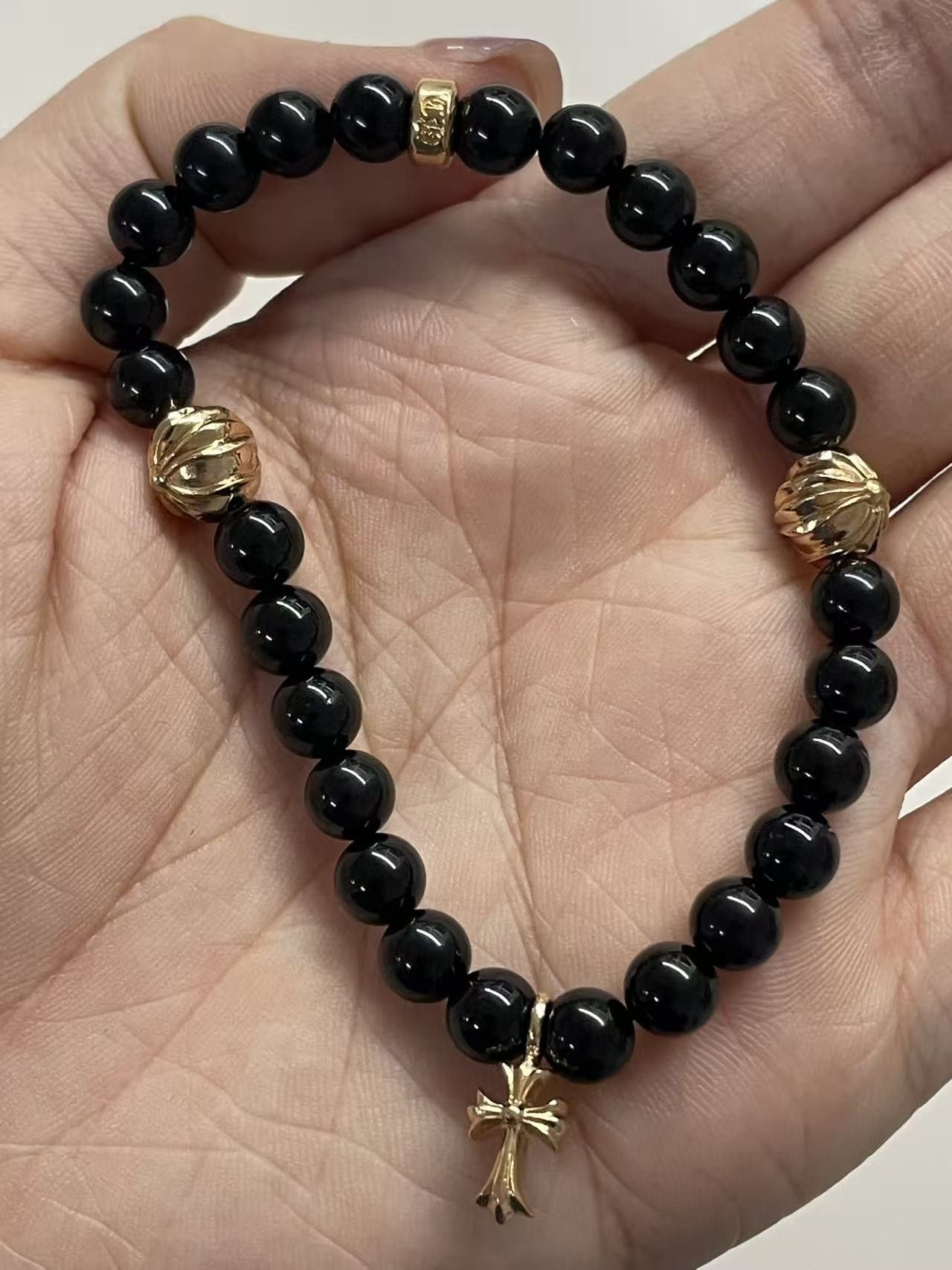 Chrome Hearts Chrome Hearts 6mm Obsidian 22K Gold Cross Beaded Bracelet Size ONE SIZE - 12 Thumbnail