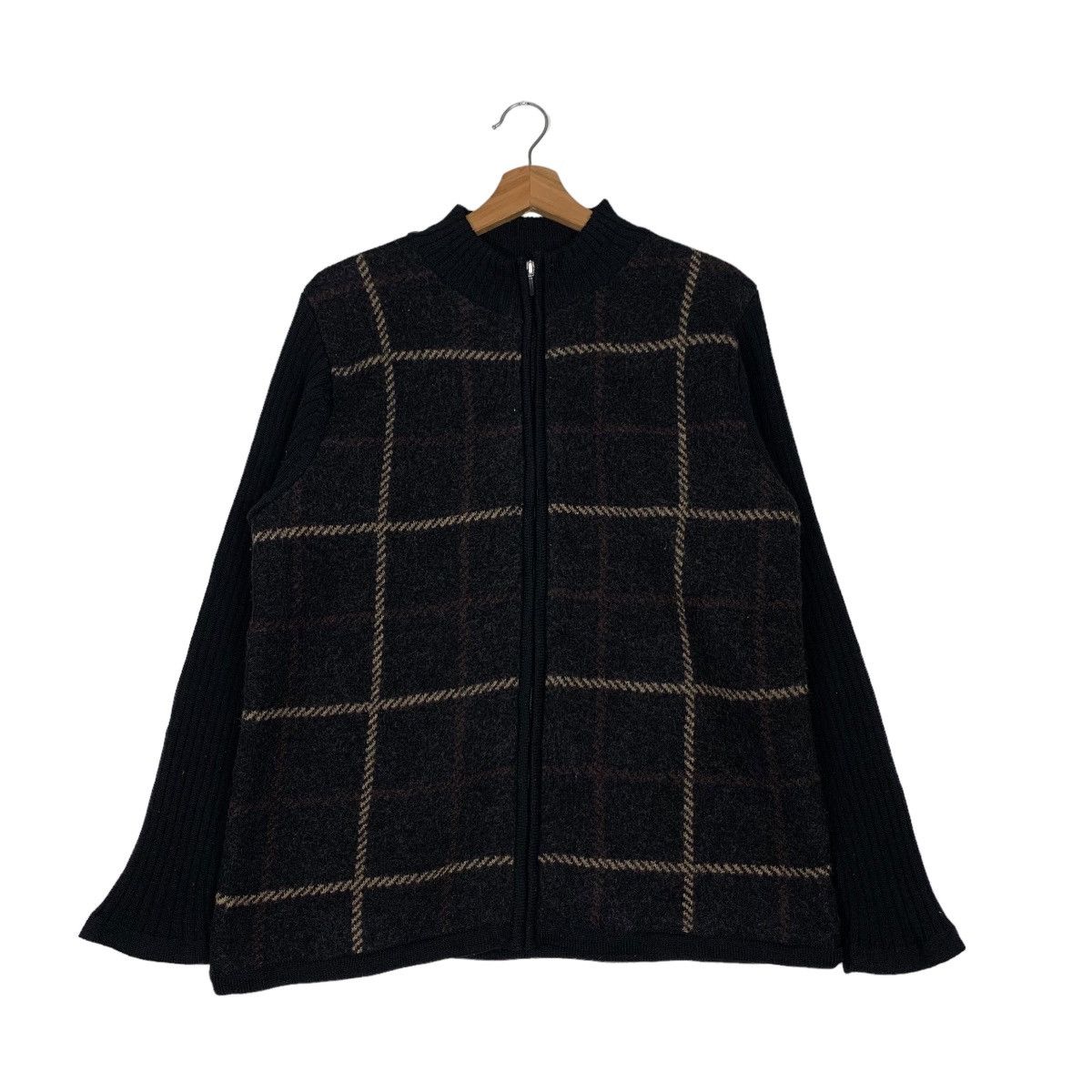 image of Givors Checked Tartan Wool Jacket Knitted Sleeve 0099-C6 in Black, Men's (Size Large)