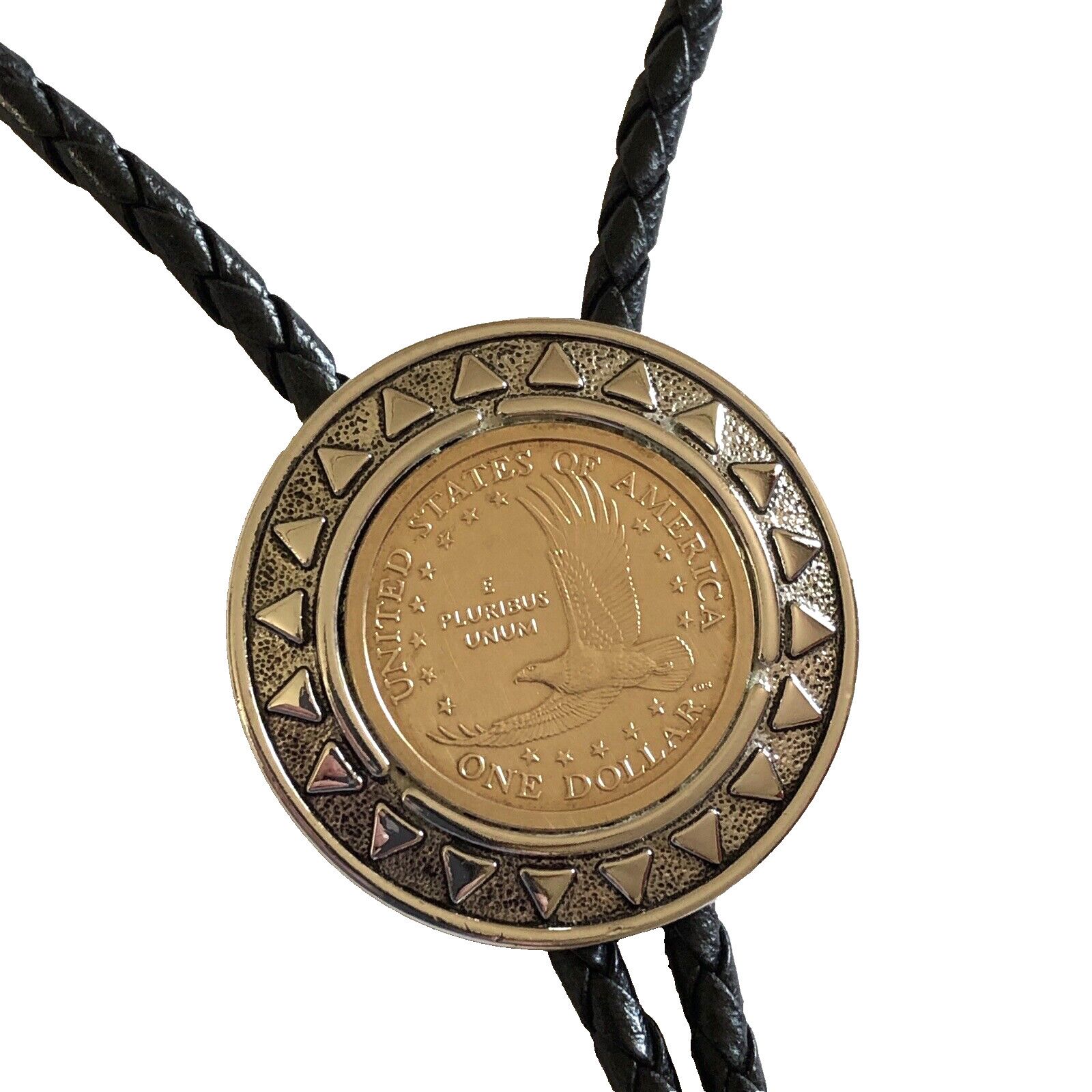 image of Vintage Bolo Tie Necklace Gold One Dollar Coin Black Cord, Men's