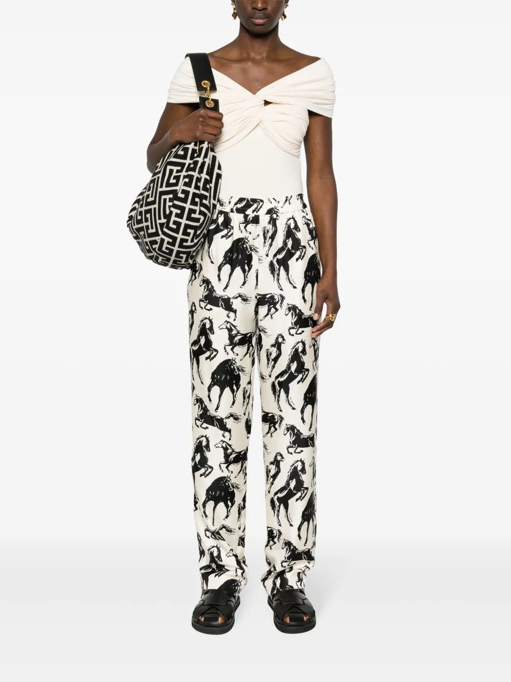 Balmain o1s1wg110825 Horse Print Silk Tapered Trouser in Black/White Size 26" / US 2 / IT 38 - 4 Thumbnail