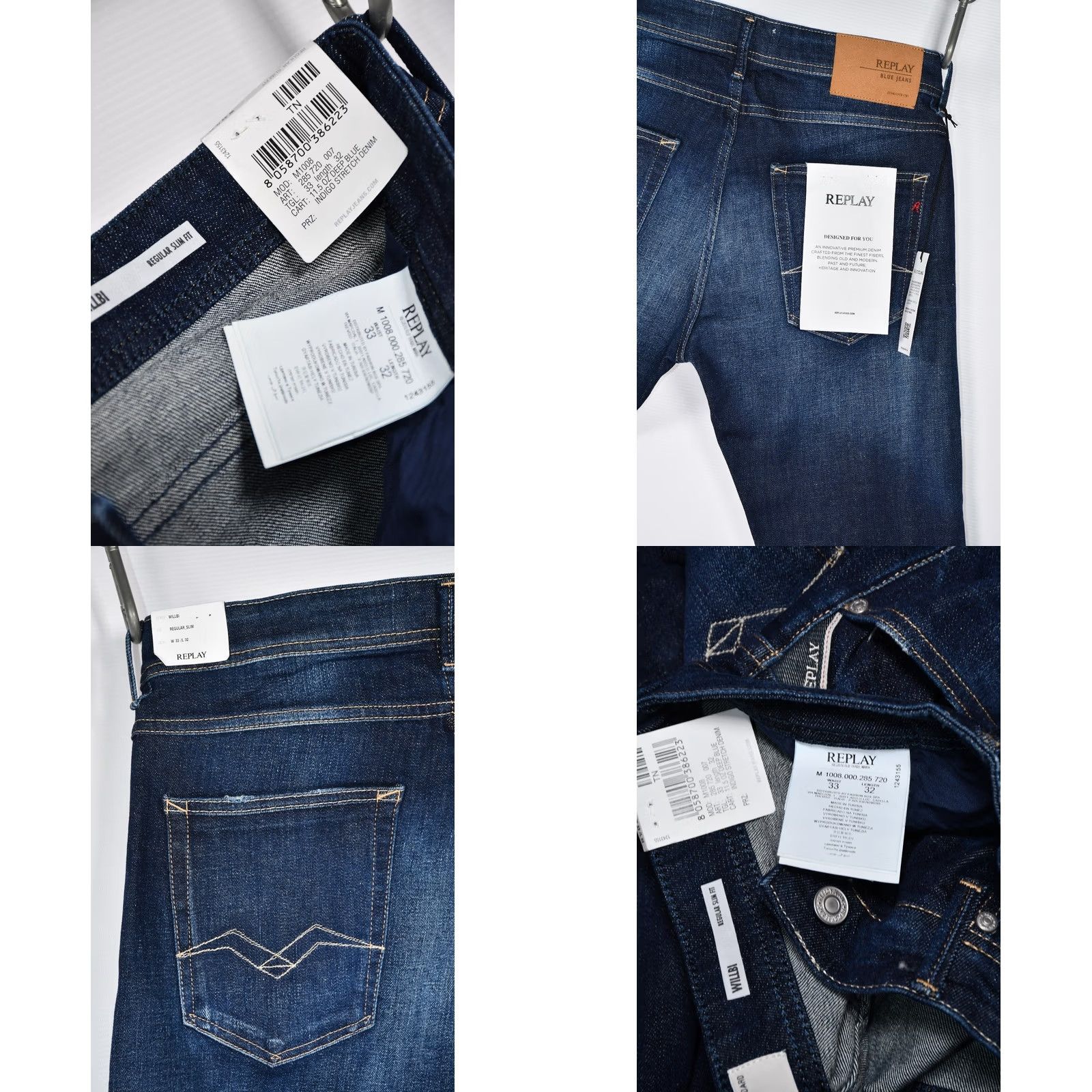 Replay REPLAY WILLBI REGULAR SLIM FIT 11.5 OZ DEEP BLUE INDIGO STRETCH DENIM JEANS W33 REGULAR BLUE 5-POCKET DESIGN Mens Size US 33 - 8 Thumbnail