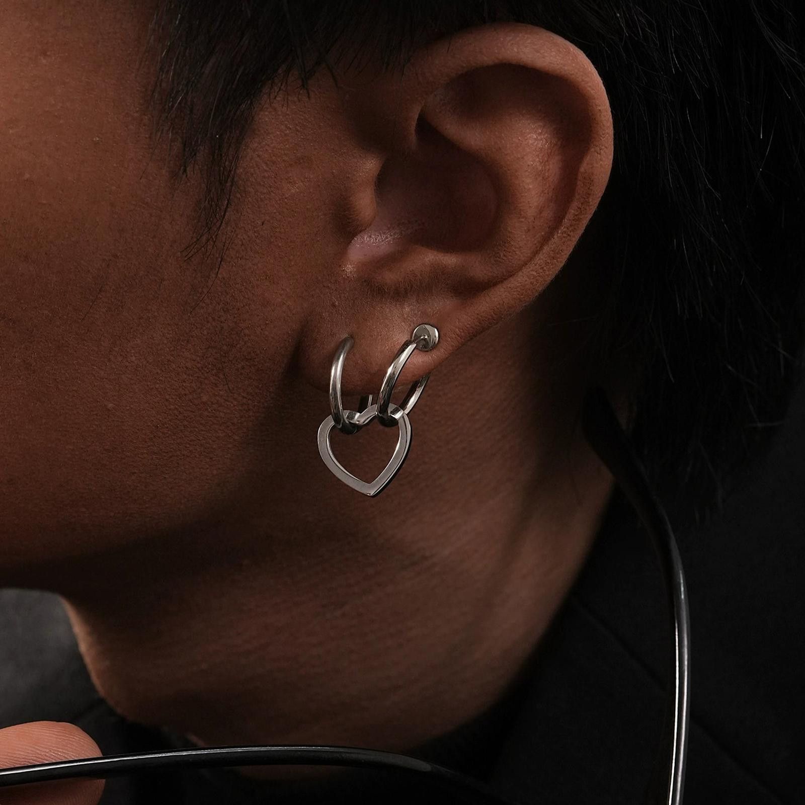 Jewelry Silver Hoop Heart Charm Earrings, Minimalist Silver Jewelry Size ONE SIZE - 3 Thumbnail