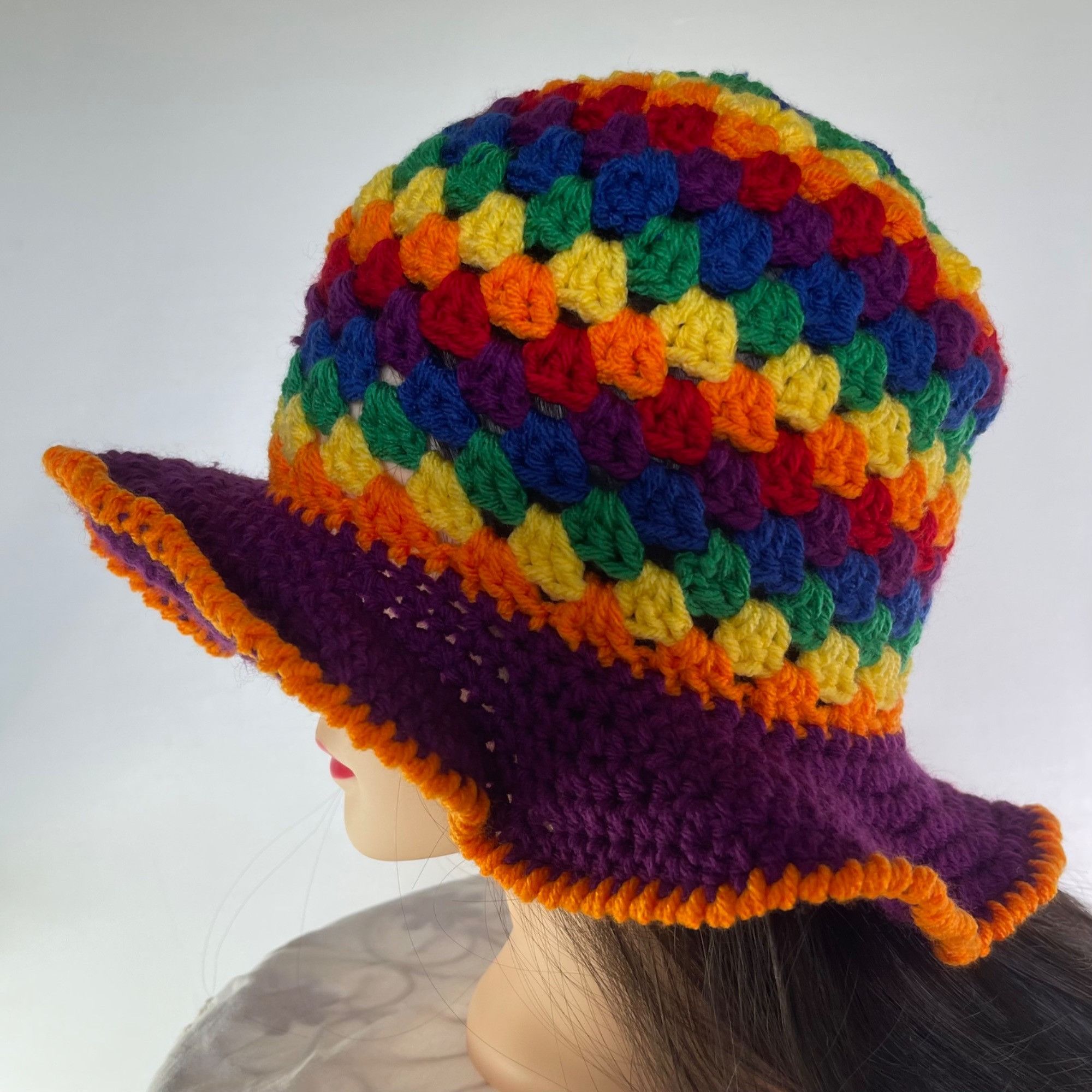 Handmade Crochet Bucket Hat Granny Square Pattern Rainbow Colors Tall Size ONE SIZE - 2 Thumbnail