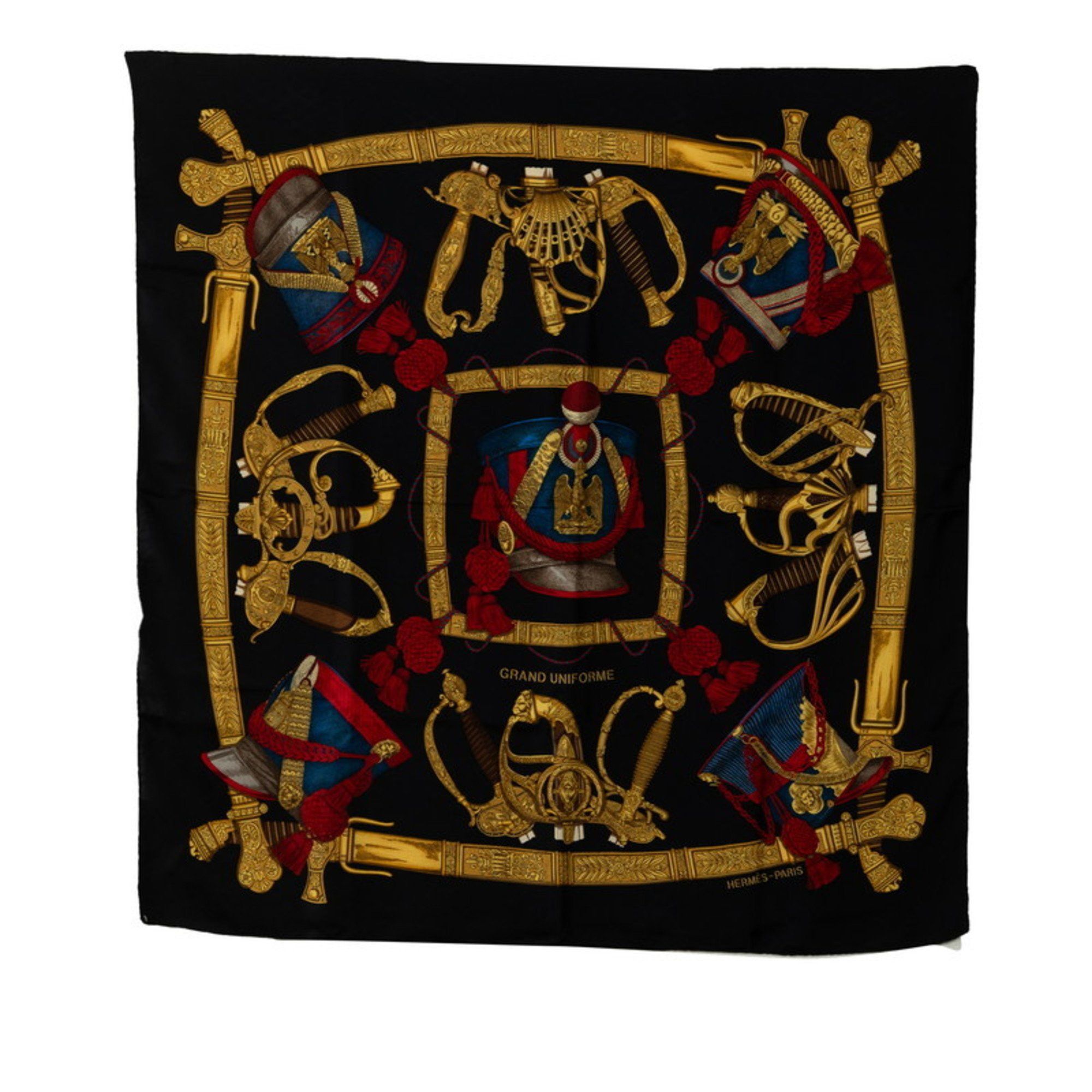 image of Hermes Carre 90 Grand Uniforme Grand Uniform Scarf Muffler Black Gold Multicolor Silk Women's Herme