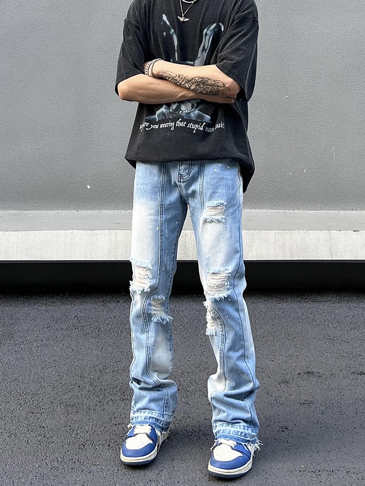 image of Light Colored Distressed Patchwork Jeans in Blue, Men's (Size 32)