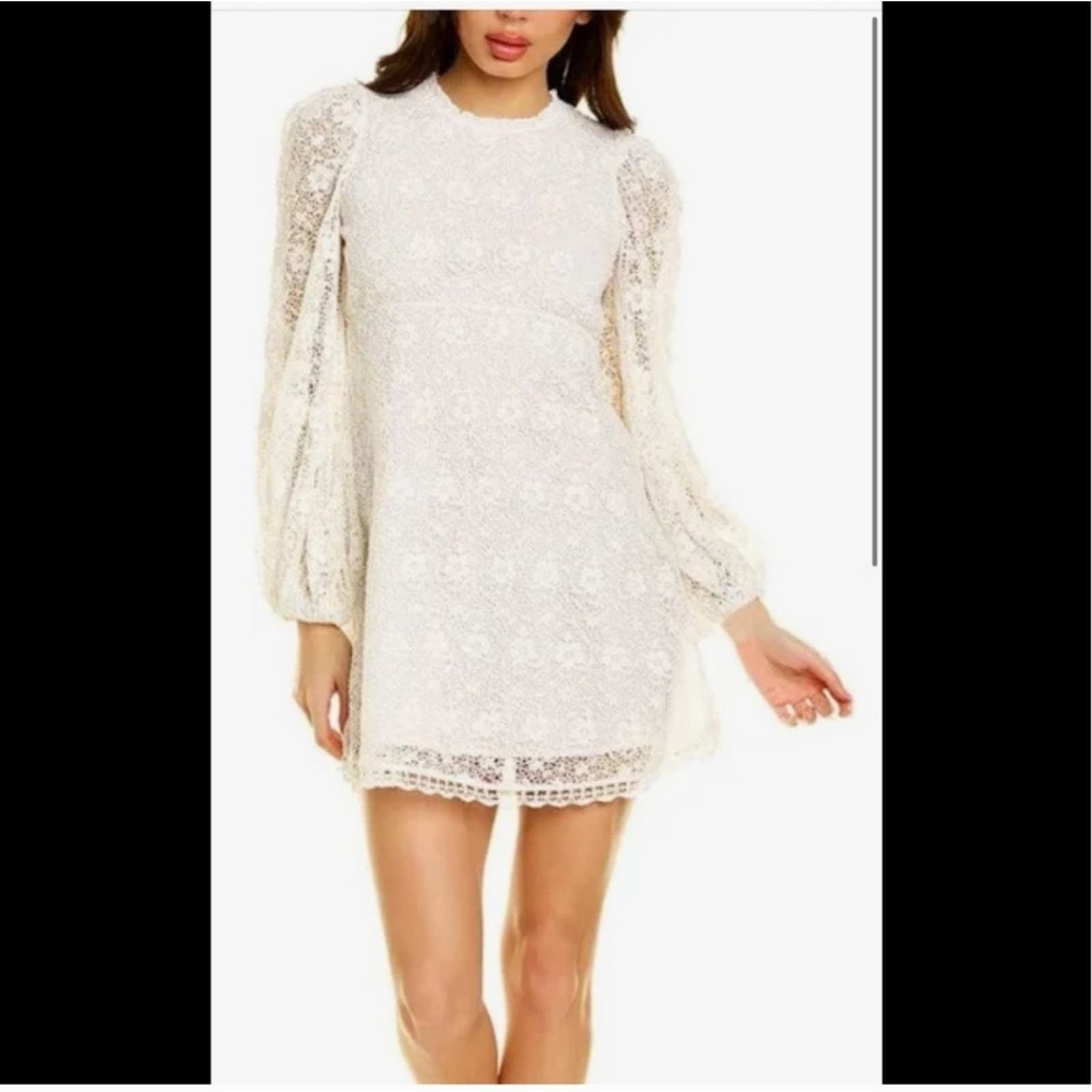 image of NWT Loveshackfancy Leira Lace Blouson-Sleeve Mini Dress in White, Women's (Size Medium)