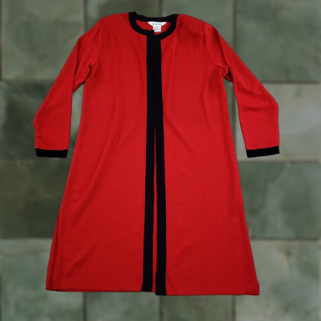 Vintage Misook Sweater Womens Large Red Black Long Open Front Cardigan Jacket Knit Size L / US 10 / IT 46 - 1 Thumbnail