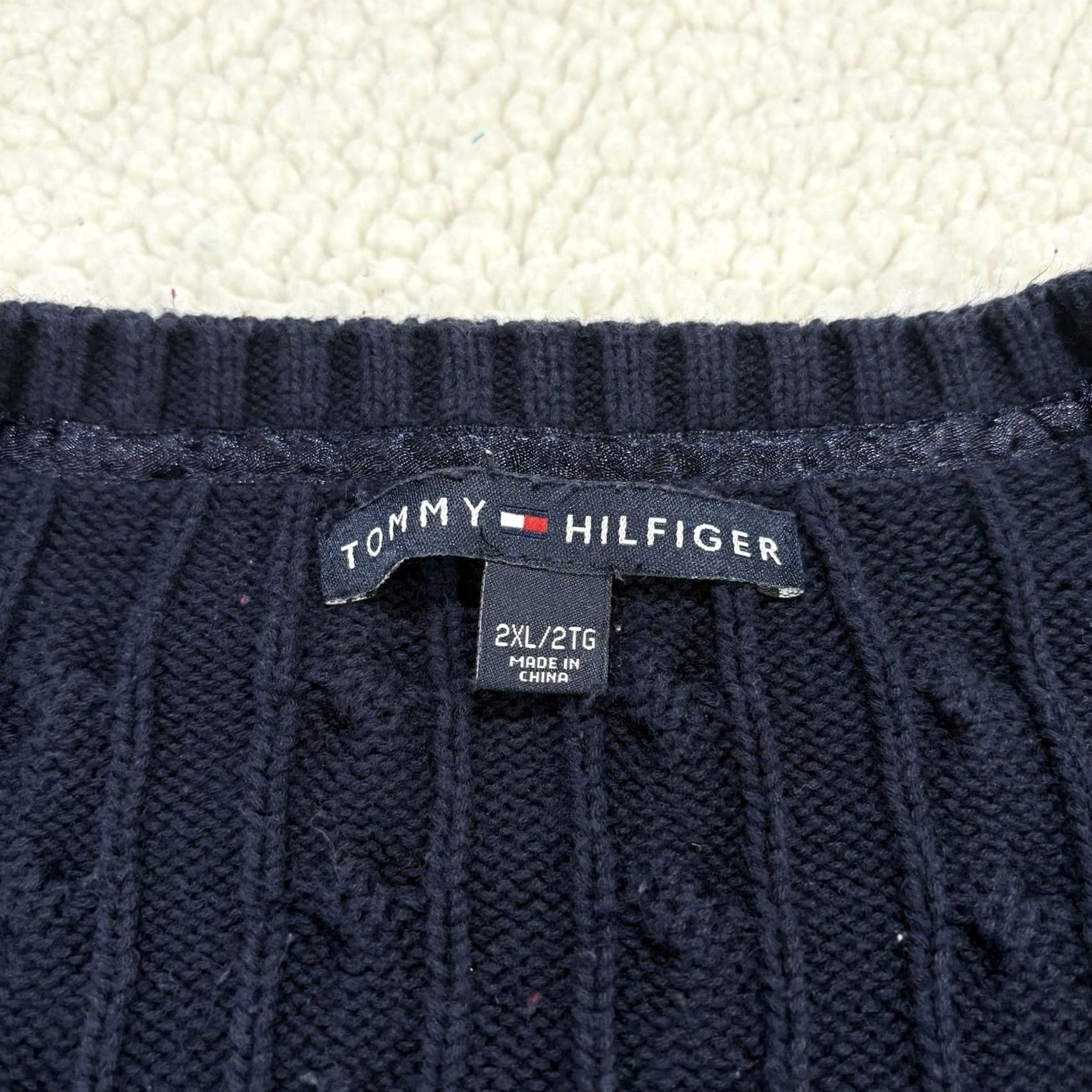 Tommy Hilfiger Tommy Hilfiger Cable Knit Jumper Sweater Mens 2XL Blue Cotton Pullover V-Neck Size US XXL / EU 58 / 5 - 3 Thumbnail