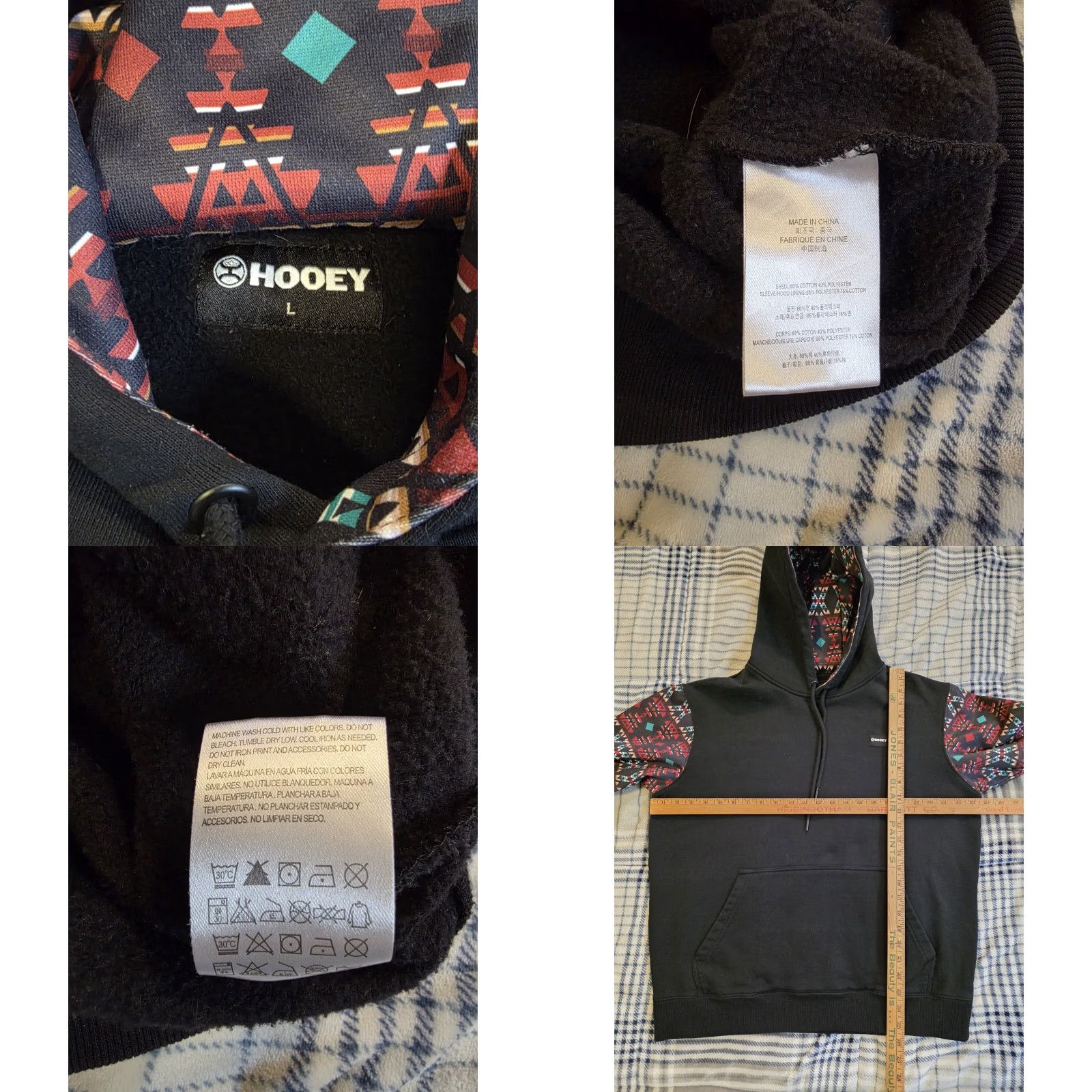 Vintage VINTAGE Hooey Men's Pullover Hoodie Black Aztec Sleeves Hood Lining Western Large Size US L / EU 52-54 / 3 - 8 Thumbnail