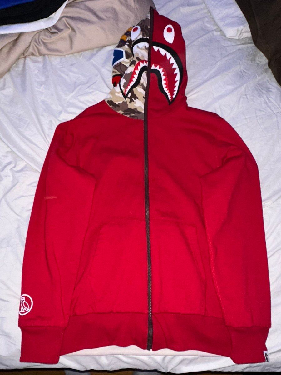 Pre-owned Bape X Octobers Very Own Bape X Ovo Woodland Camo Shark Reversible Full Zip Hoodie In Red