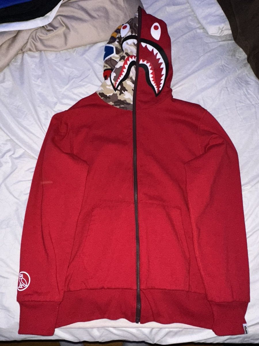 image of Bape X Ovo Woodland Camo Shark Reversible Full Zip Hoodie in Red, Men's (Size Large)