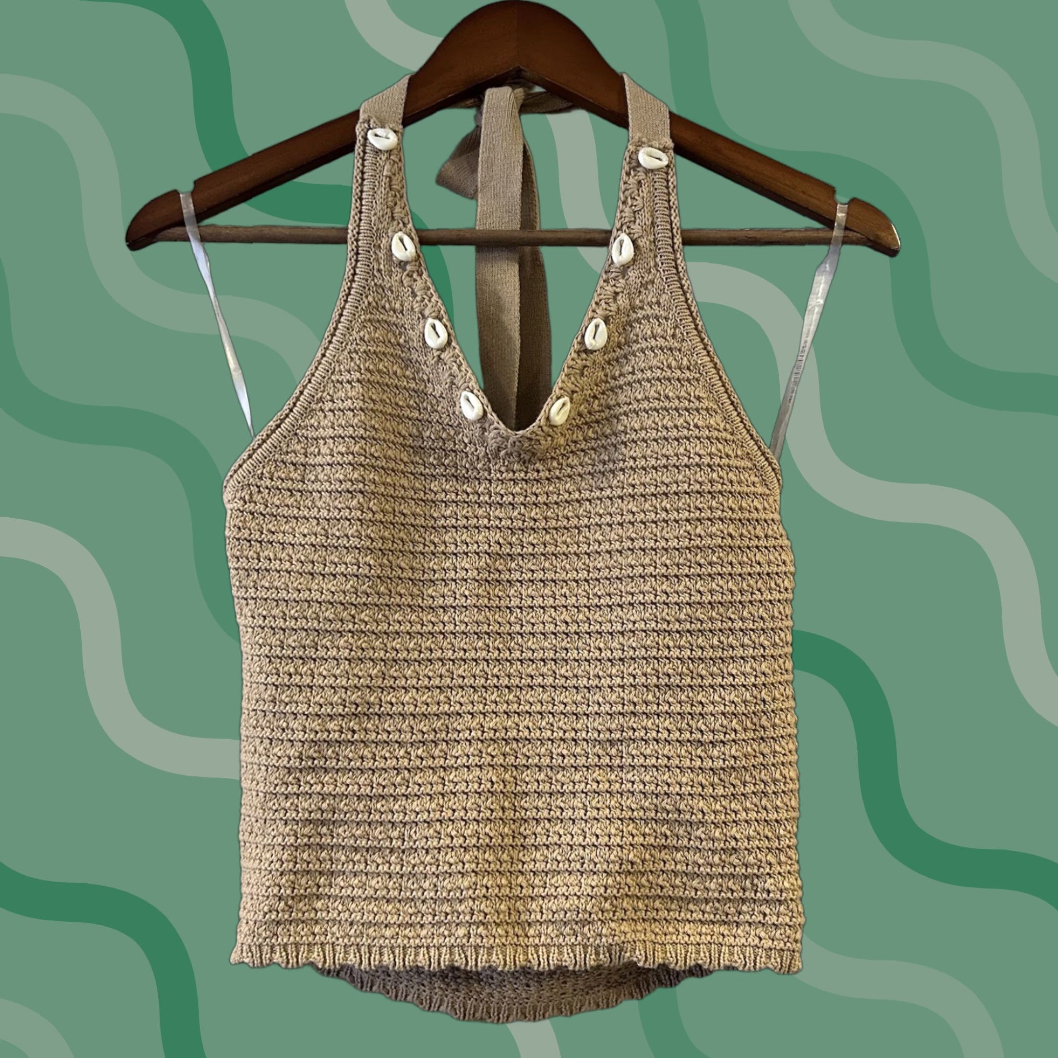 Vintage francesca's Tank Shirt Women Beach Knit V-Neck 100% Cotton Beige S Sleeveless Crochet Open Knit Size S / US 4 / IT 40 - 1 Thumbnail