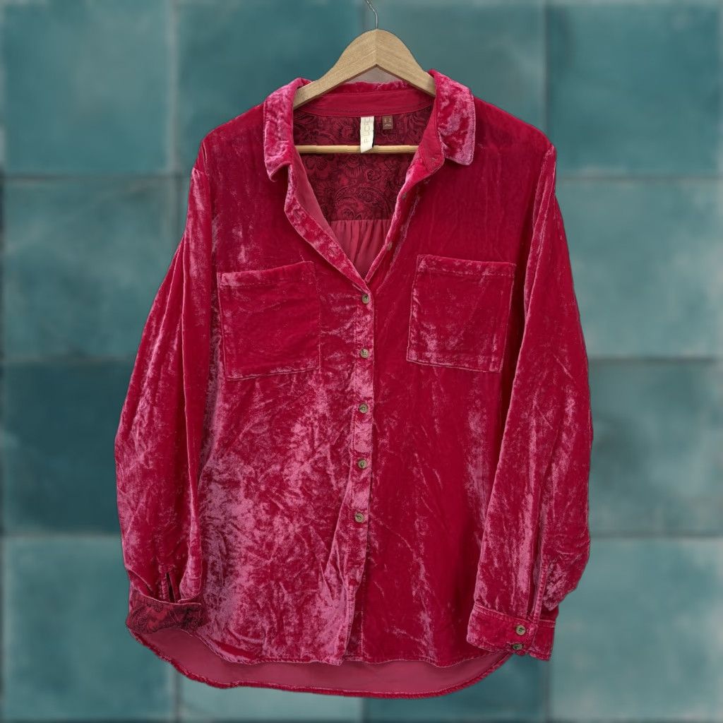 Vintage Pilcro The Hadley Velvet Button-Down Shirt Womens 14 Pink Relaxed Shirt Size XL / US 12-14 / IT 48-50 - 1 Thumbnail
