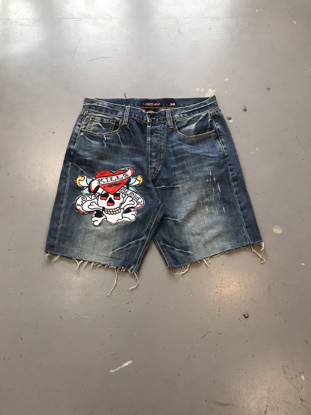 Ed Hardy × Vintage Vintage Edhardy skull 💀 embroidered denim jort Size US 32 / EU 48 - 1 Thumbnail