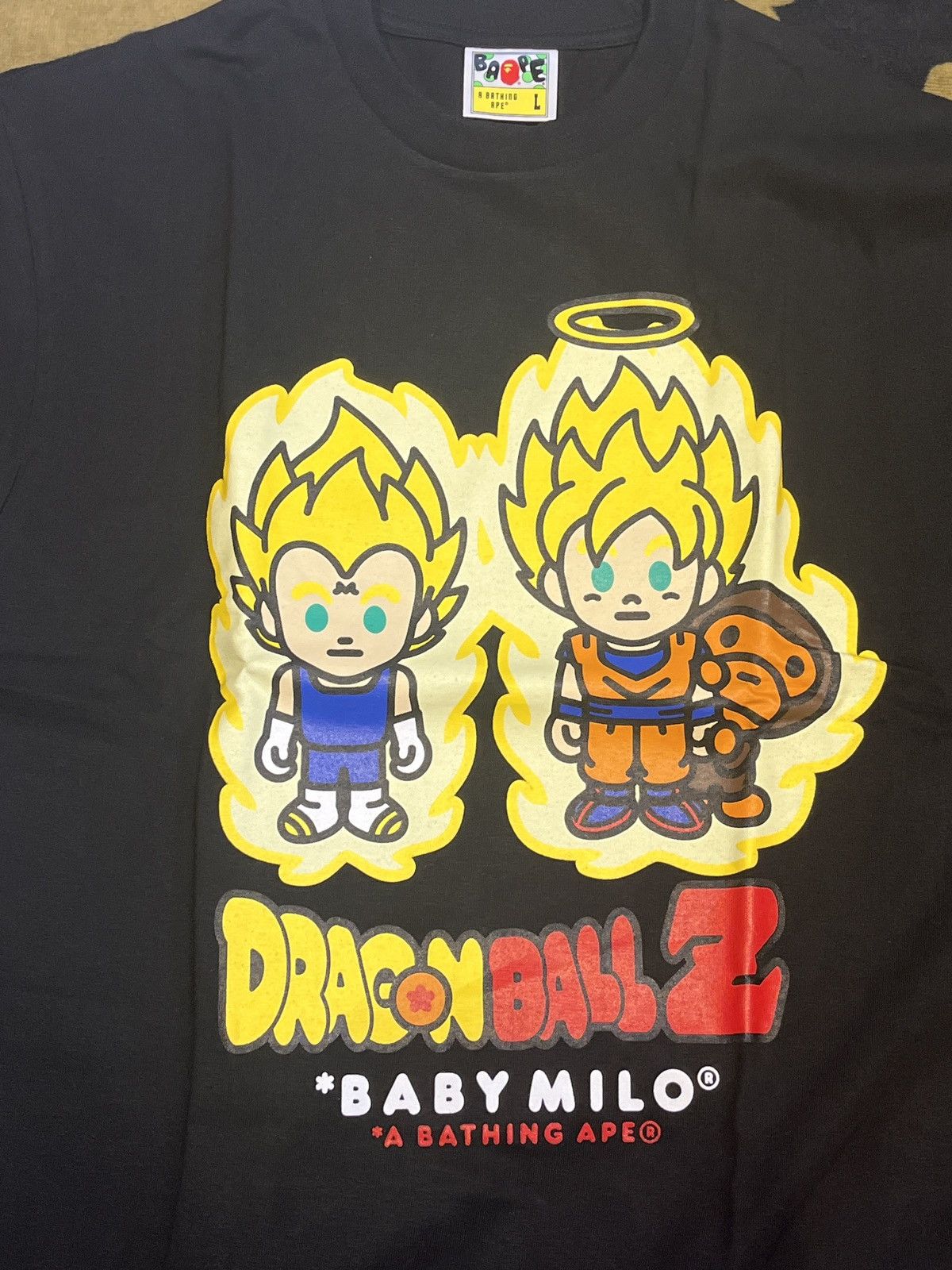 image of Bape X Dragonball Z Super Saiyan Vegeta & Son Goku Tee in Black, Men's (Size Medium)