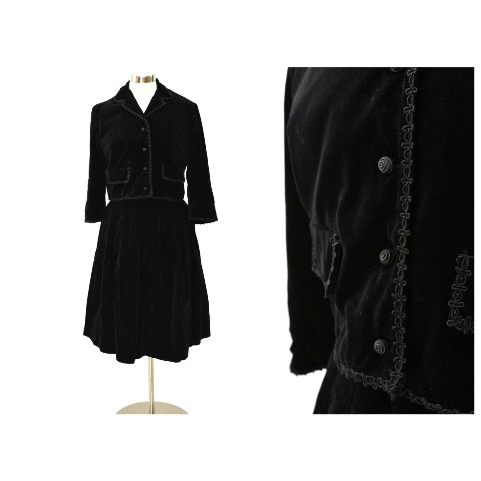 image of 60S Vintage Black Velvet Skirt Suit Cropped Lace Trimmed Blazer Womens 10 in White