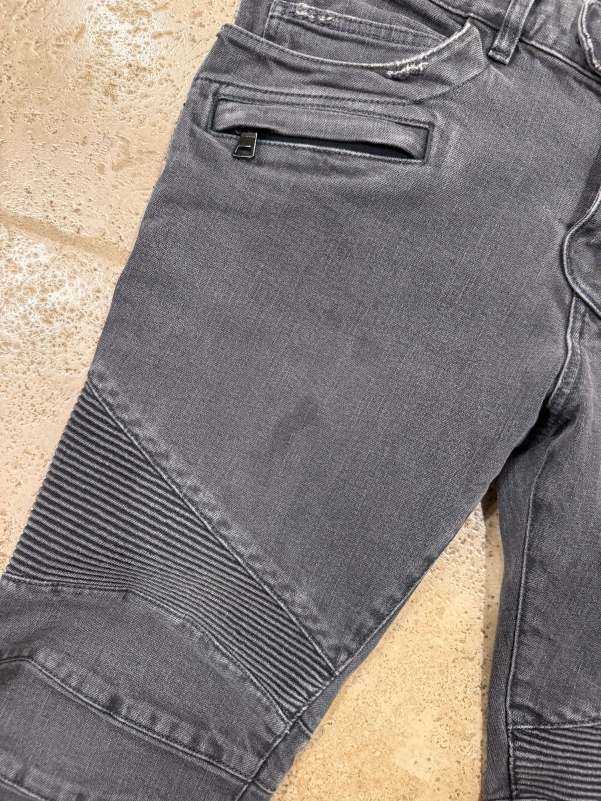 Balmain Balmain Moto Biker Distressed Gray Wash Denim Jeans Size US 35 - 4 Thumbnail