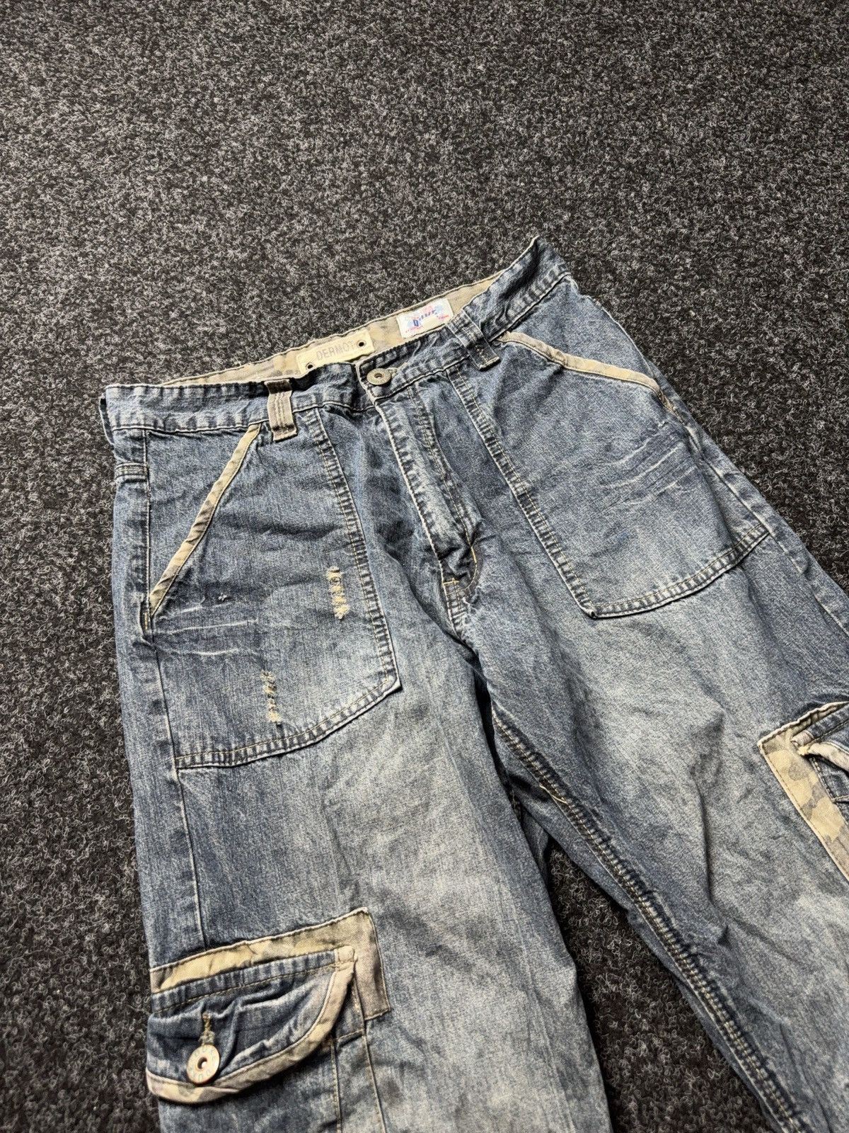 Japanese Brand Vintage 00s Denim Cargo Jeans Y2K Distressed Workwear Baggy Size US 31 - 7 Thumbnail