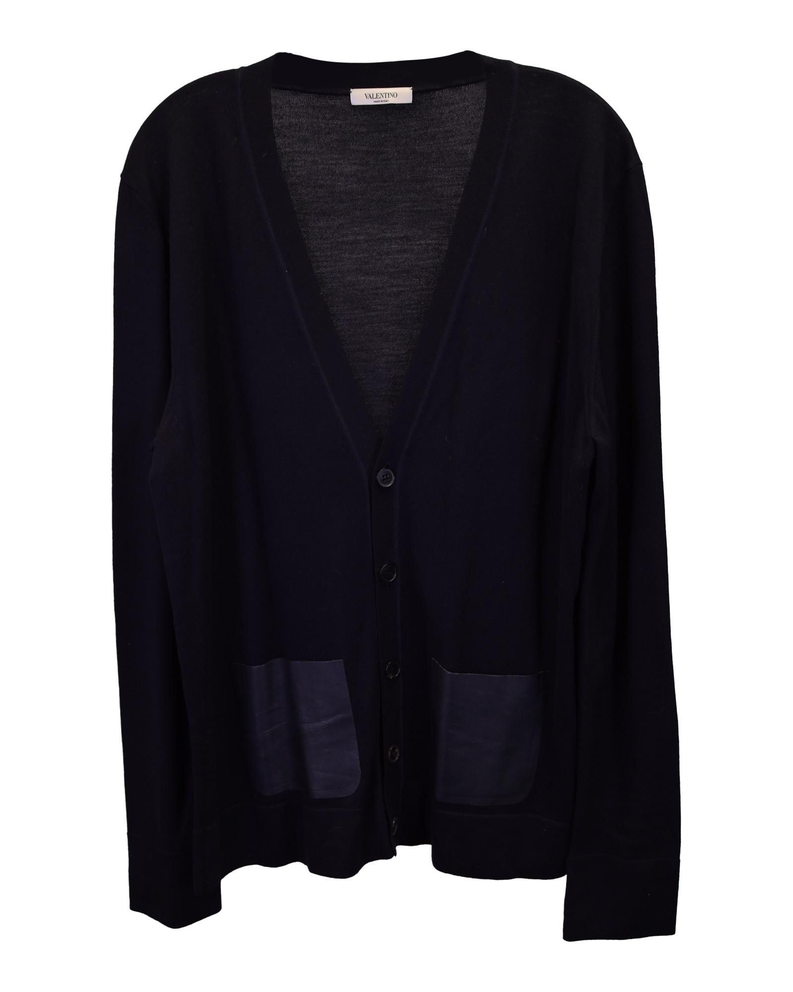 image of Wool Cardigan With Leather Pockets In Navy Blue By Valentino Garavani in Blue/Navy Blue (Size XL)