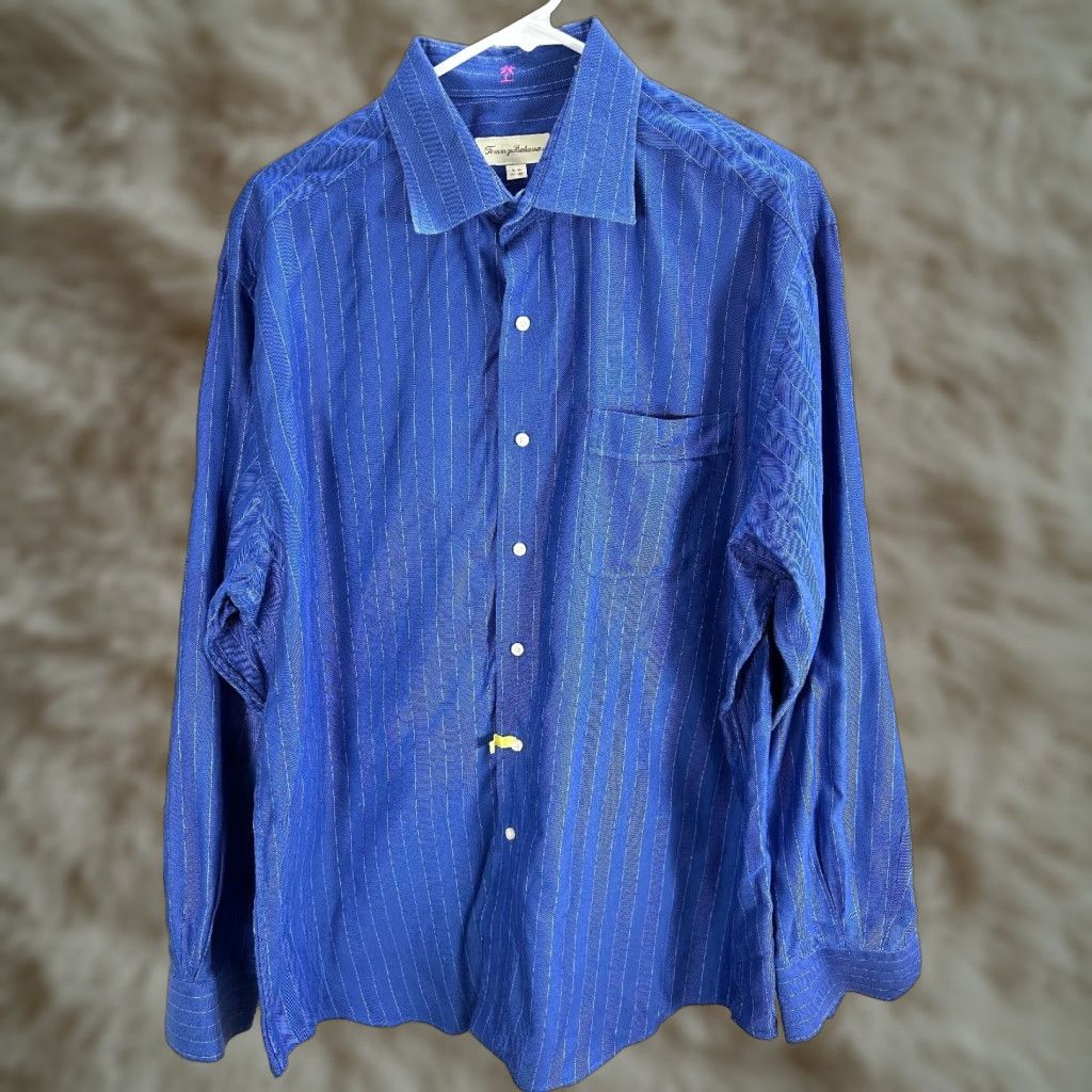 Tommy Bahama Tommy Bahama Blue Dress Shirt Long Sleeve Button Up Barrel Cuff 16.5 34-35 Mens Regular Size 100% Cotton Size 46R - 1 Thumbnail