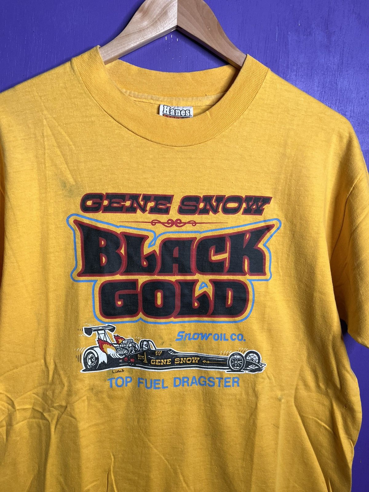 NASCAR × Vintage Vintage 80s Gene snow black gold drag racing t-shirt Size US L / EU 52-54 / 3 - 3 Thumbnail