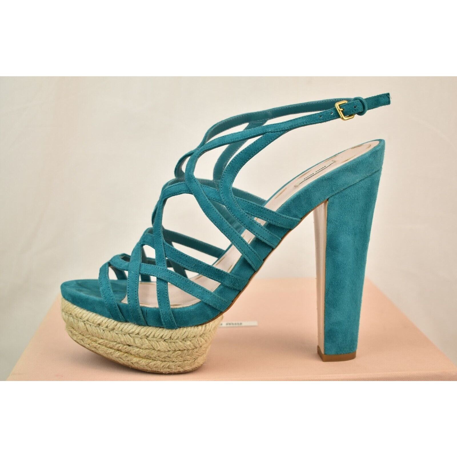 Miu Miu TURQUOISE SUEDE CRISS CROSS PLATFORM ESPADRILLE SANDALS 40 Size US 10 / IT 40 - 3 Thumbnail