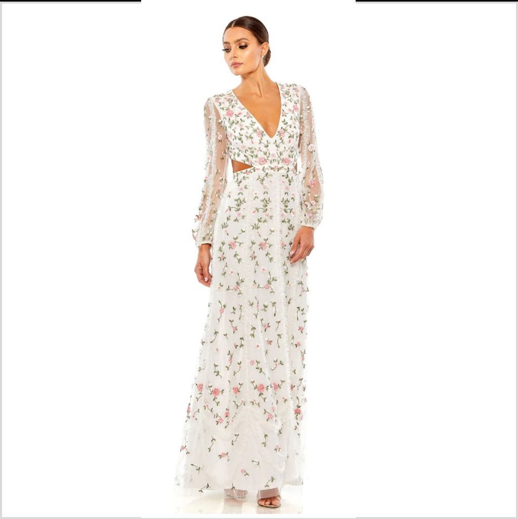 Mac Duggal Mac Duggal White Floral Embroidered Long Sleeve Gown Size-10 Size L / US 10 / IT 46 - 1 Thumbnail