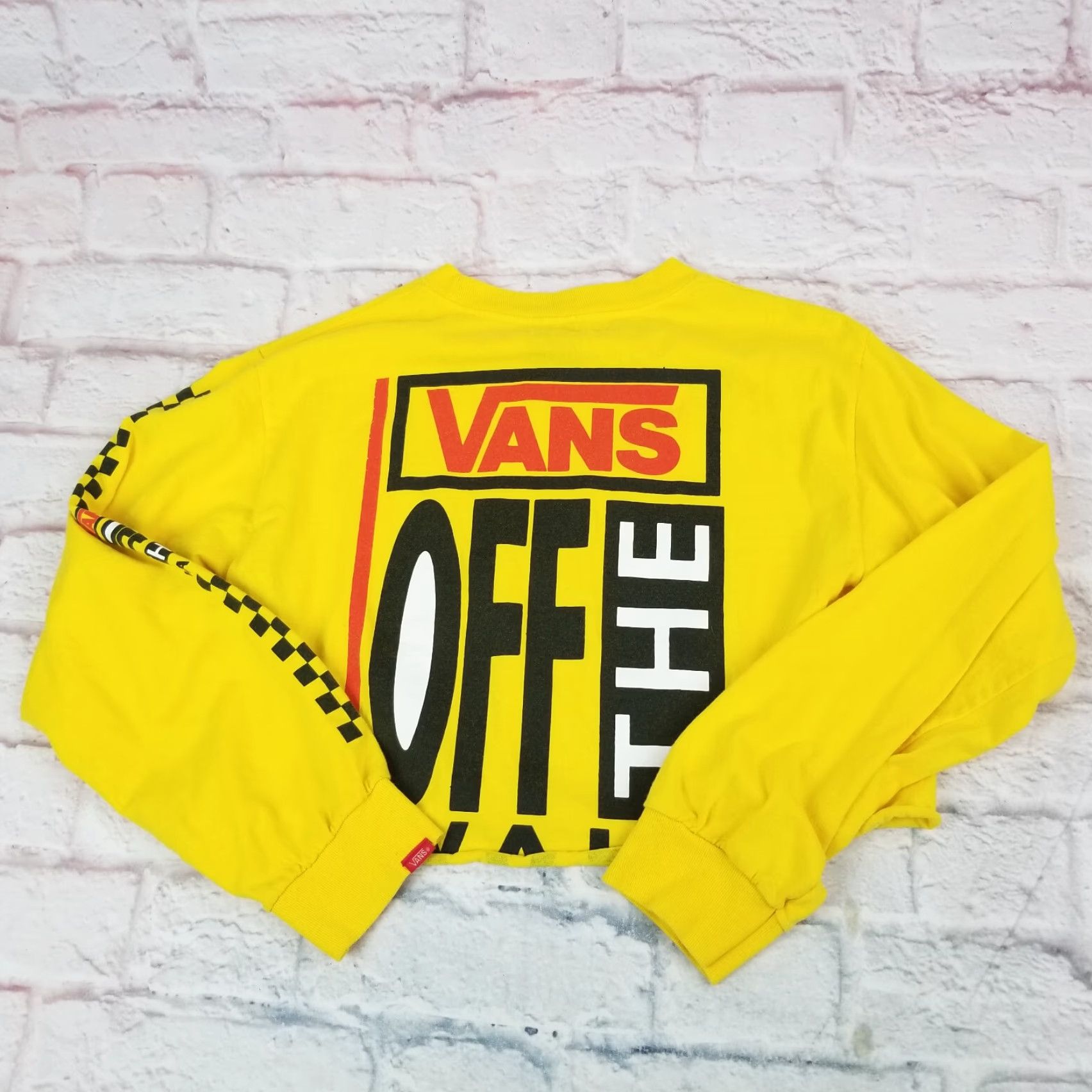 Vans VANS Shirt Womens Yellow Small Cropped T Shirt Long Sleeve Checkered Off The Wall Geometric Logo 90s Style Casual Womens Size S / US 4 / IT 40 - 5 Thumbnail