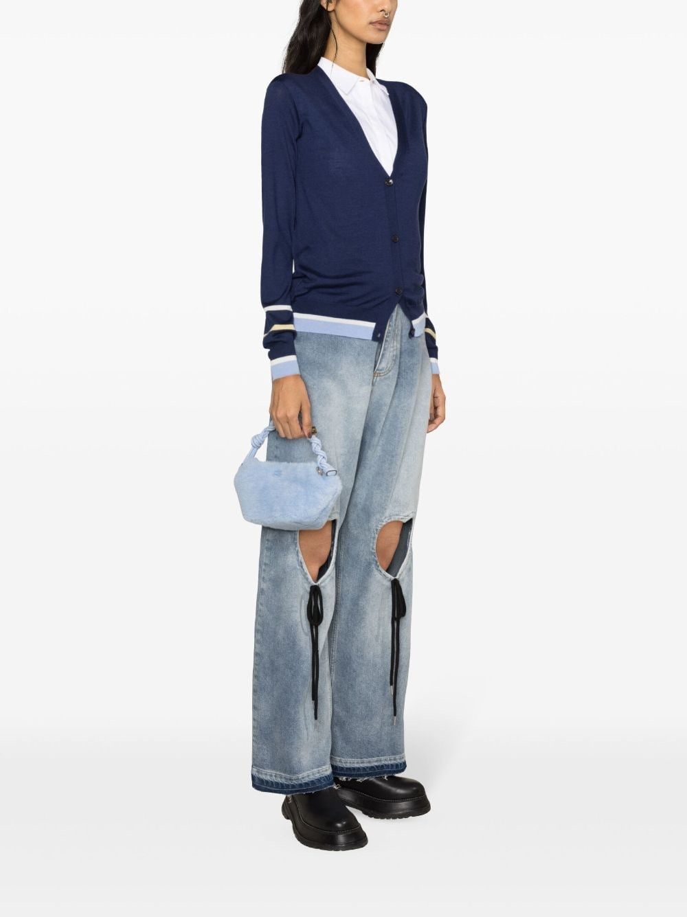 Marni o1f1d3z0525 Striped Virgin Wool-Blend Cardigan in Blue Size M / US 6-8 / IT 42-44 - 3 Thumbnail