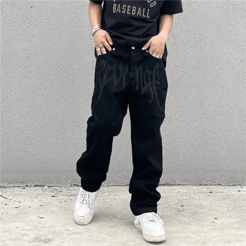 Japanese Brand Retro Black Embroidered Letter Jeans Size US 30 / EU 46 - 1 Thumbnail
