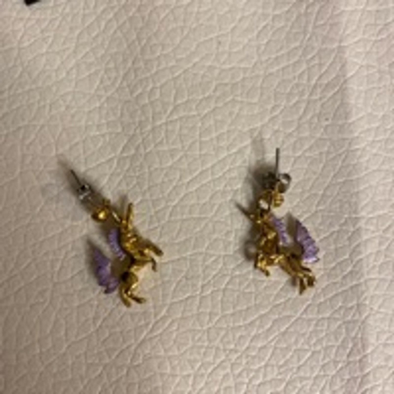 Other Gold Unicorn Pegasus Earrings Purple Wings Fantasy Dangle Size ONE SIZE - 4 Thumbnail
