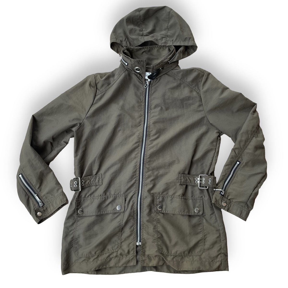 image of 14Th Addiction x Le Grande Bleu L G B Otto Bondage Full Zip Nylon Parka Jacket in Army Green (Size 